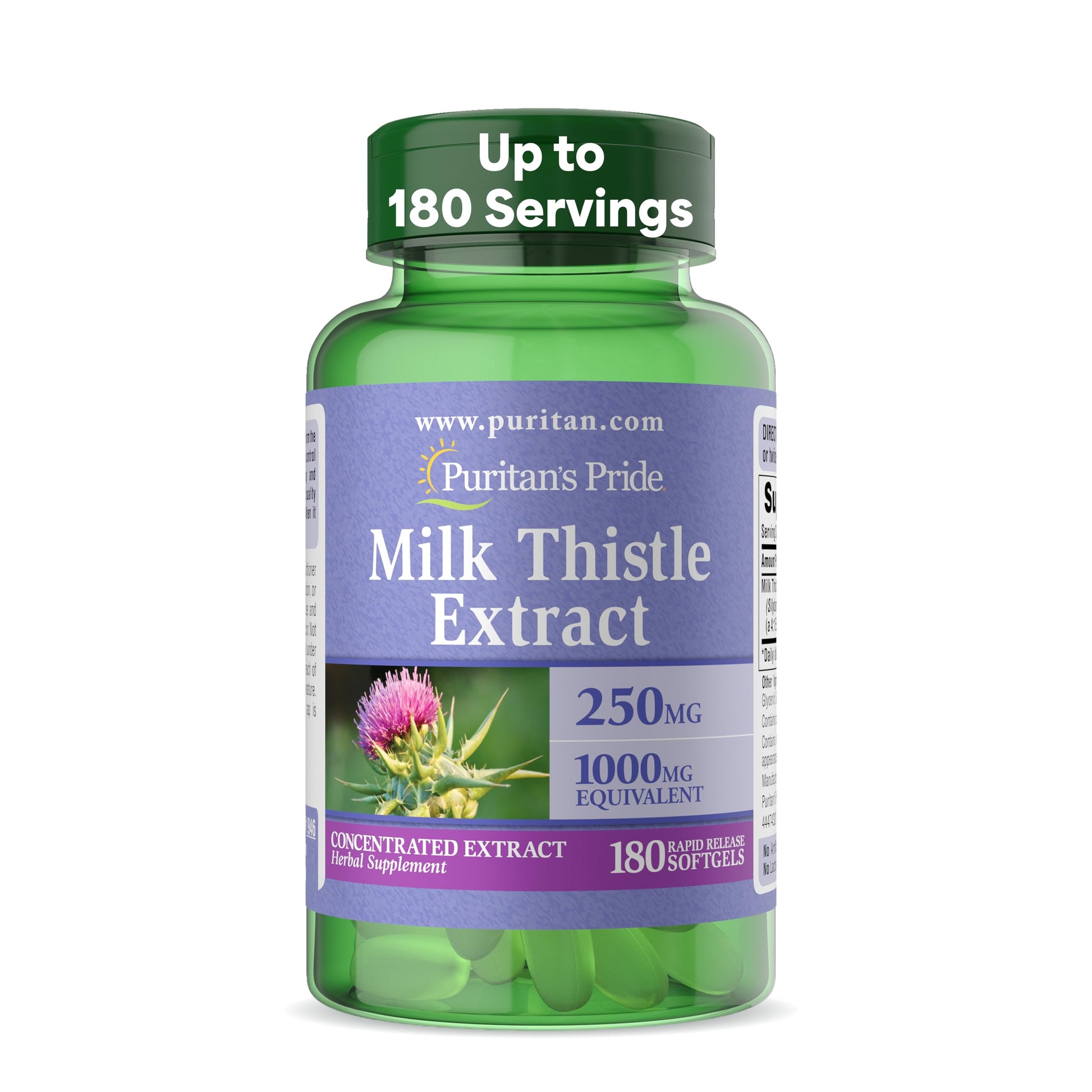 Puritan's Pride Milk Thistle 4:1 Concentration Extract 250 mg Capsules 180 Count