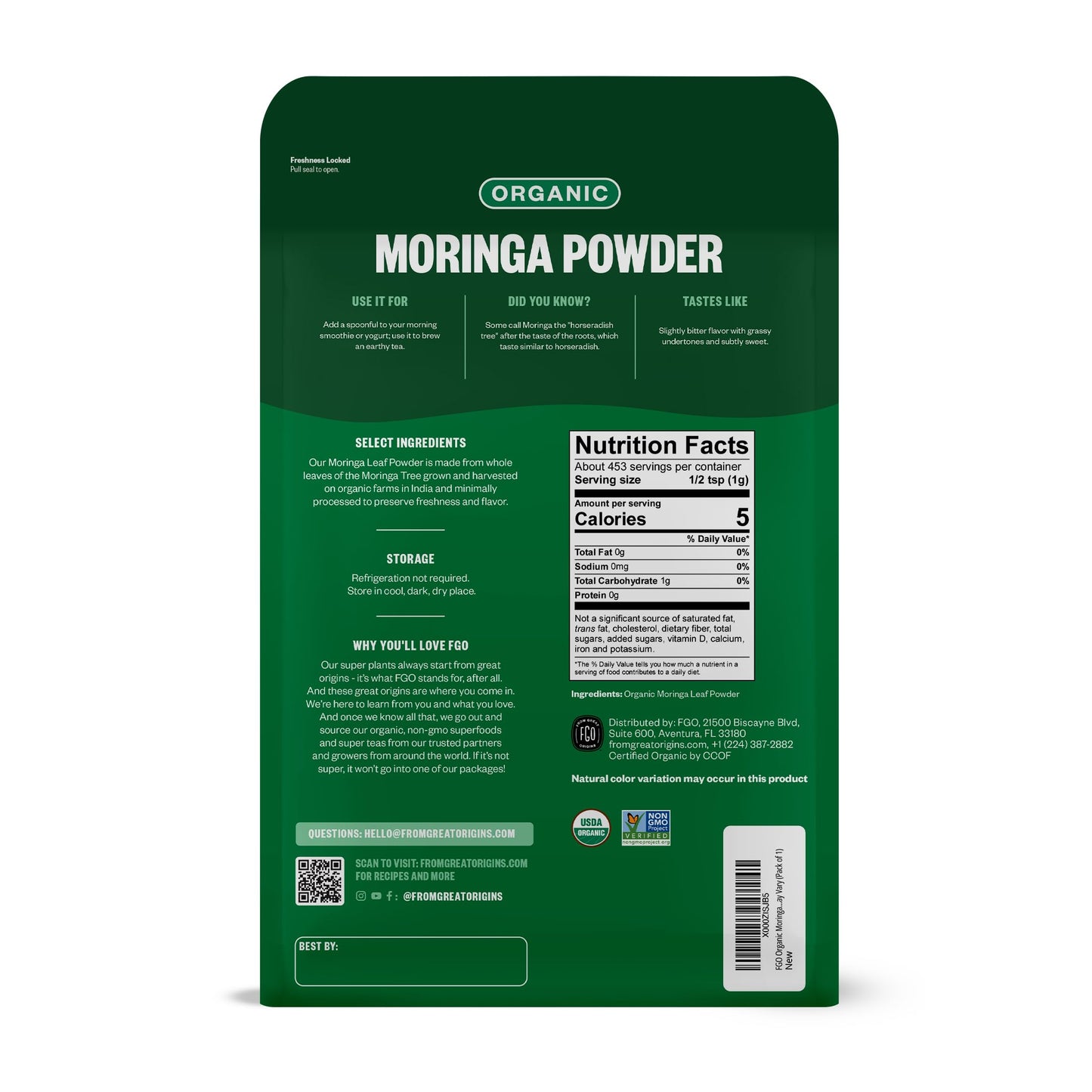 FGO Organic Moringa Oleifera Leaf Powder, 32 oz