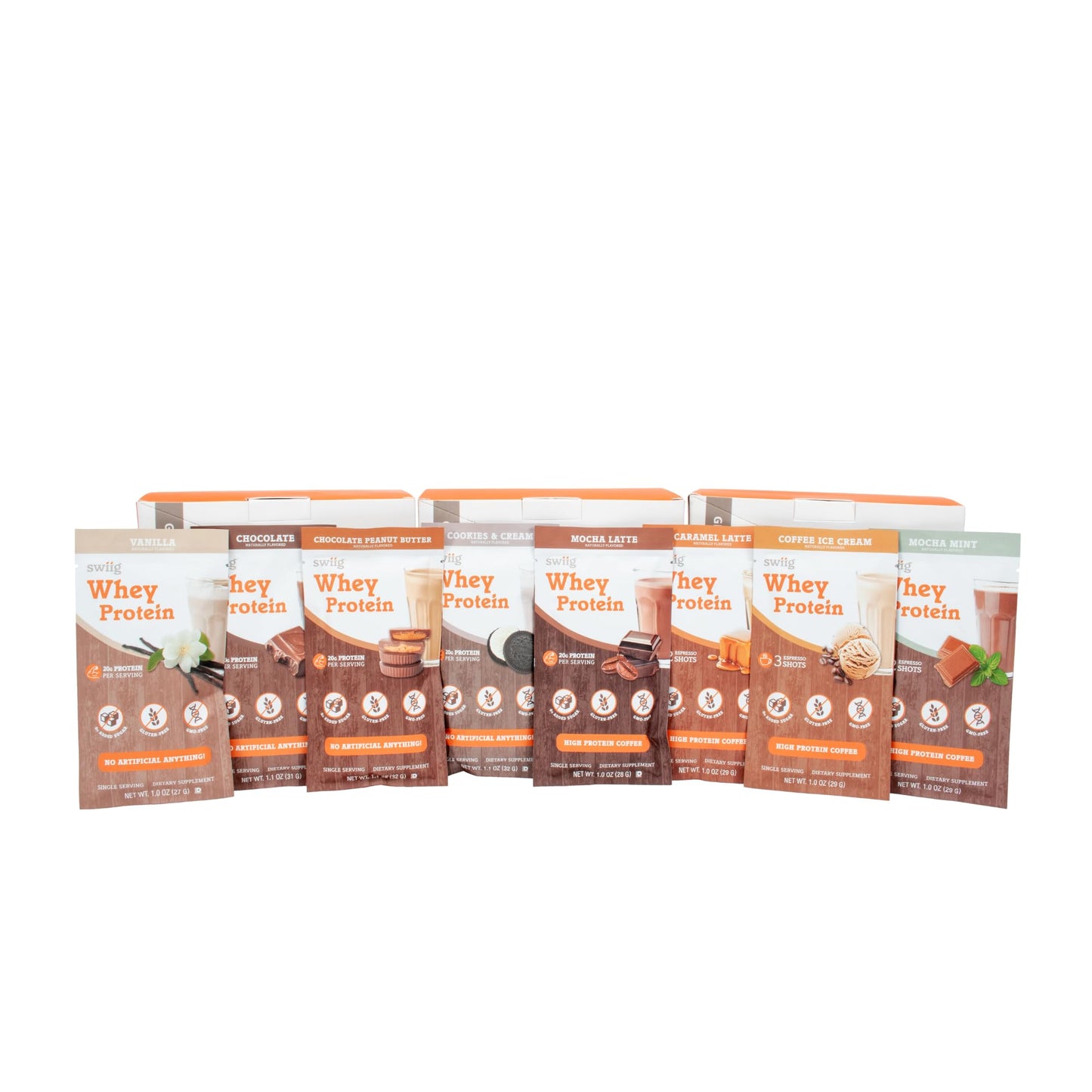 swiig Whey Protein Powder Caramel Latte Single-Serve Packets, 10 Count