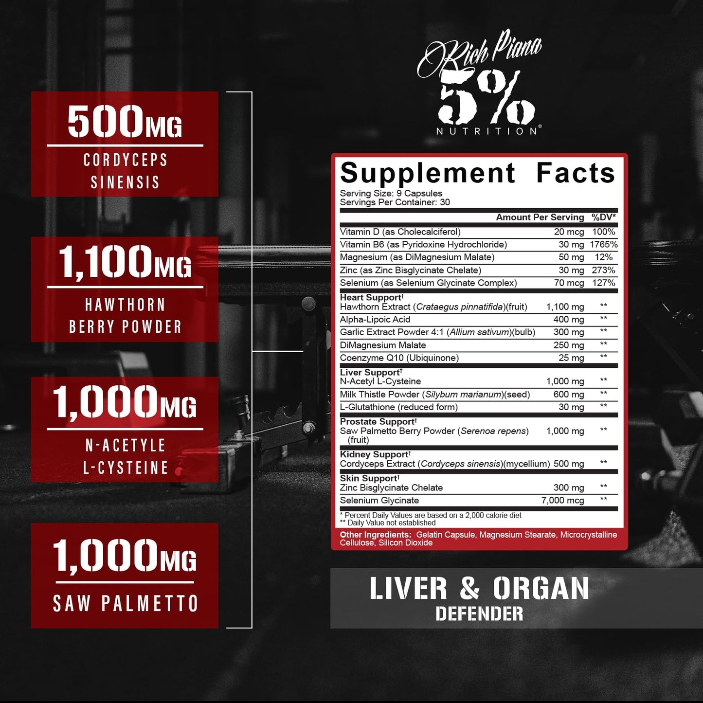 5% Nutrition Rich Piana Liver & Organ Defender With NAC + Post Gear PCT + Bigger by The Day 630 Capsules