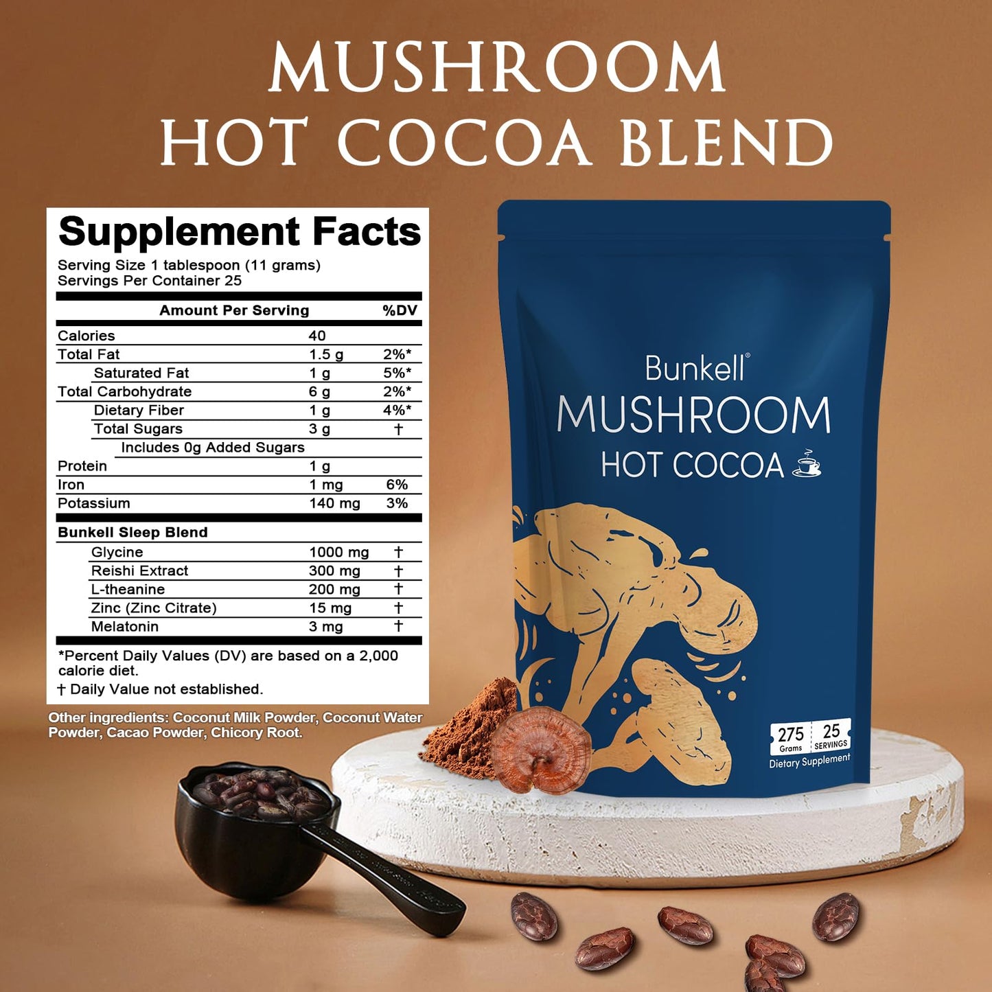 Bunkell Mushroom Hot Cocoa Powder, 9.7 oz