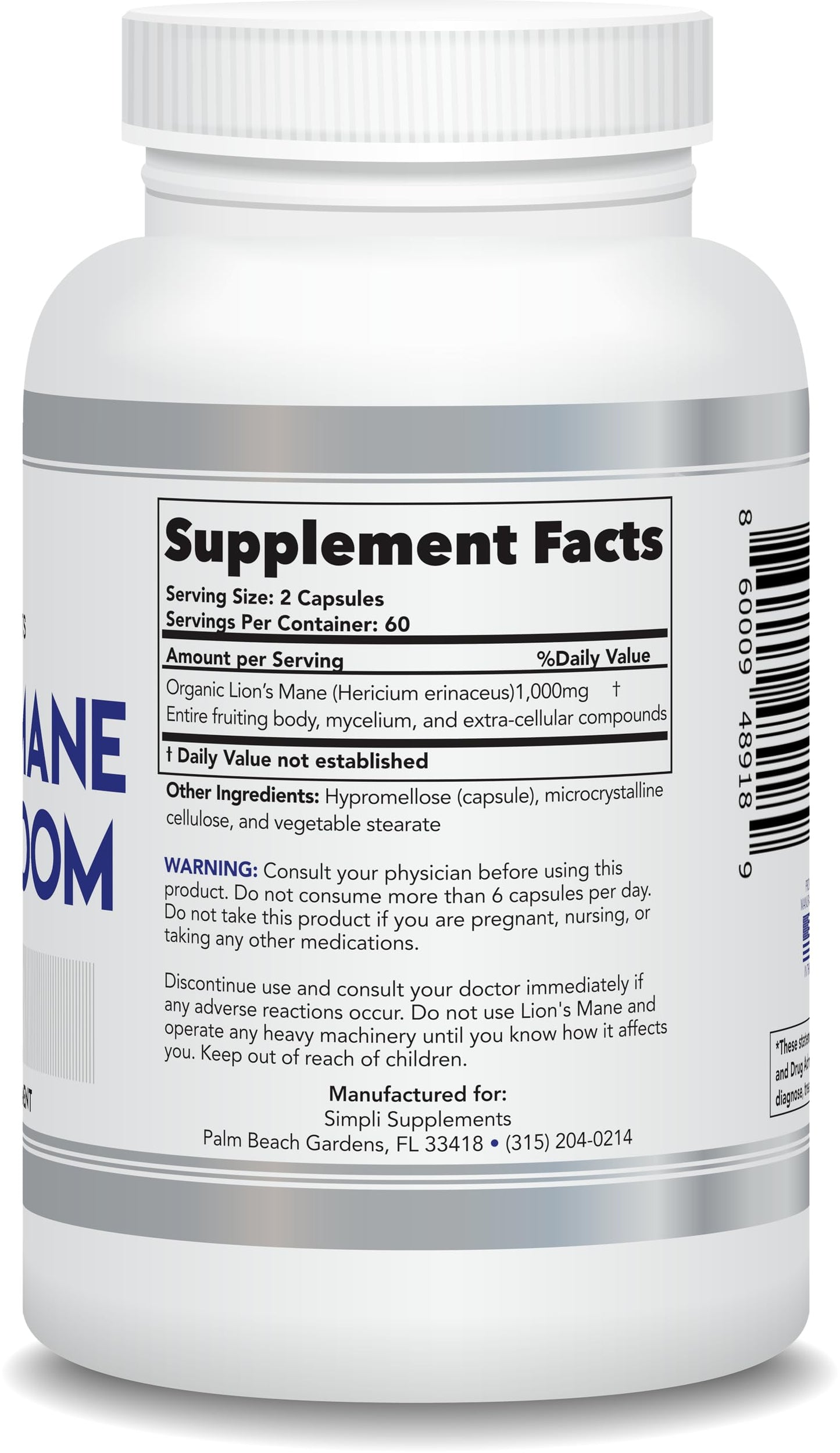 Simpli Supplements Lion's Mane Mushroom Capsules 120 Capsules