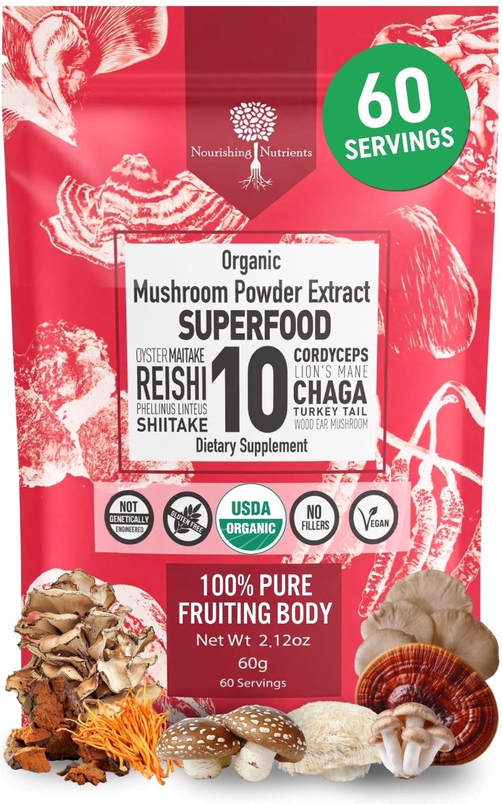 Nourishing Nutrients USDA Organic 10 Mushroom Supplement Powder 2.12 oz