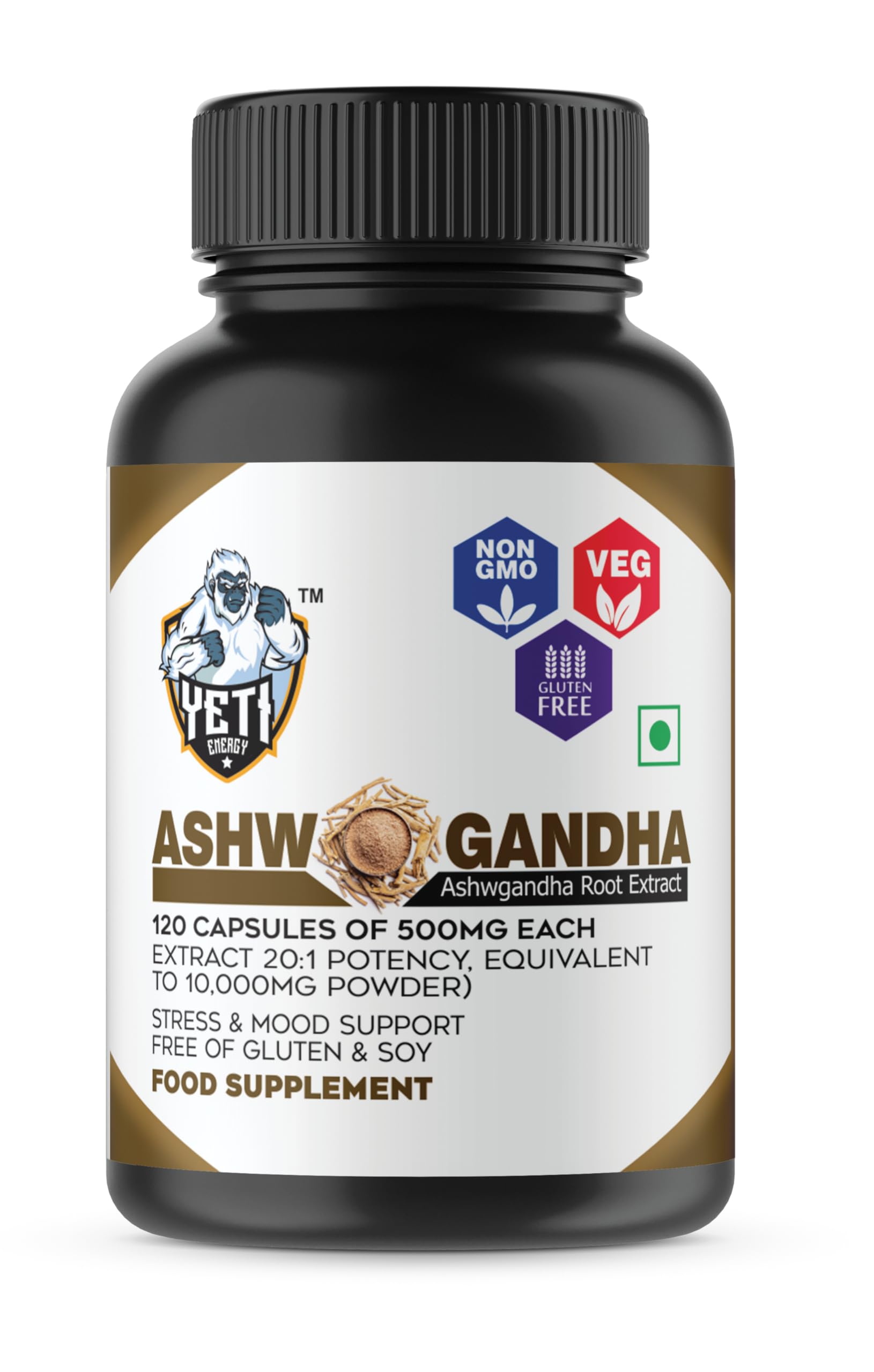 YetiEnergy Ashwagandha Capsules 500 mg - Pure Organic Ashwagandha Root Extract, Stress Relief & Mood Support, 1 Capsule
