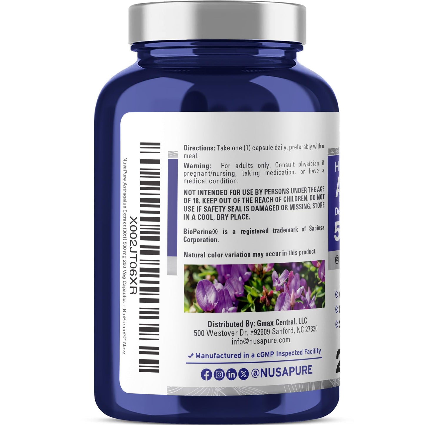 NusaPure Astragalus Root 500 mg Capsules, 200 Count