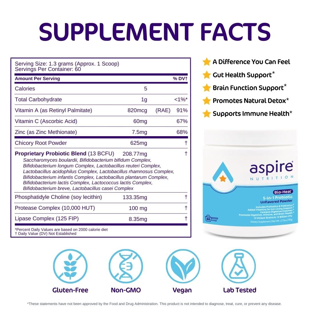 Aspire Nutrition 5-in-1 Bio-Heal Probiotic for Kids, Men & Women Powder 2.75 oz