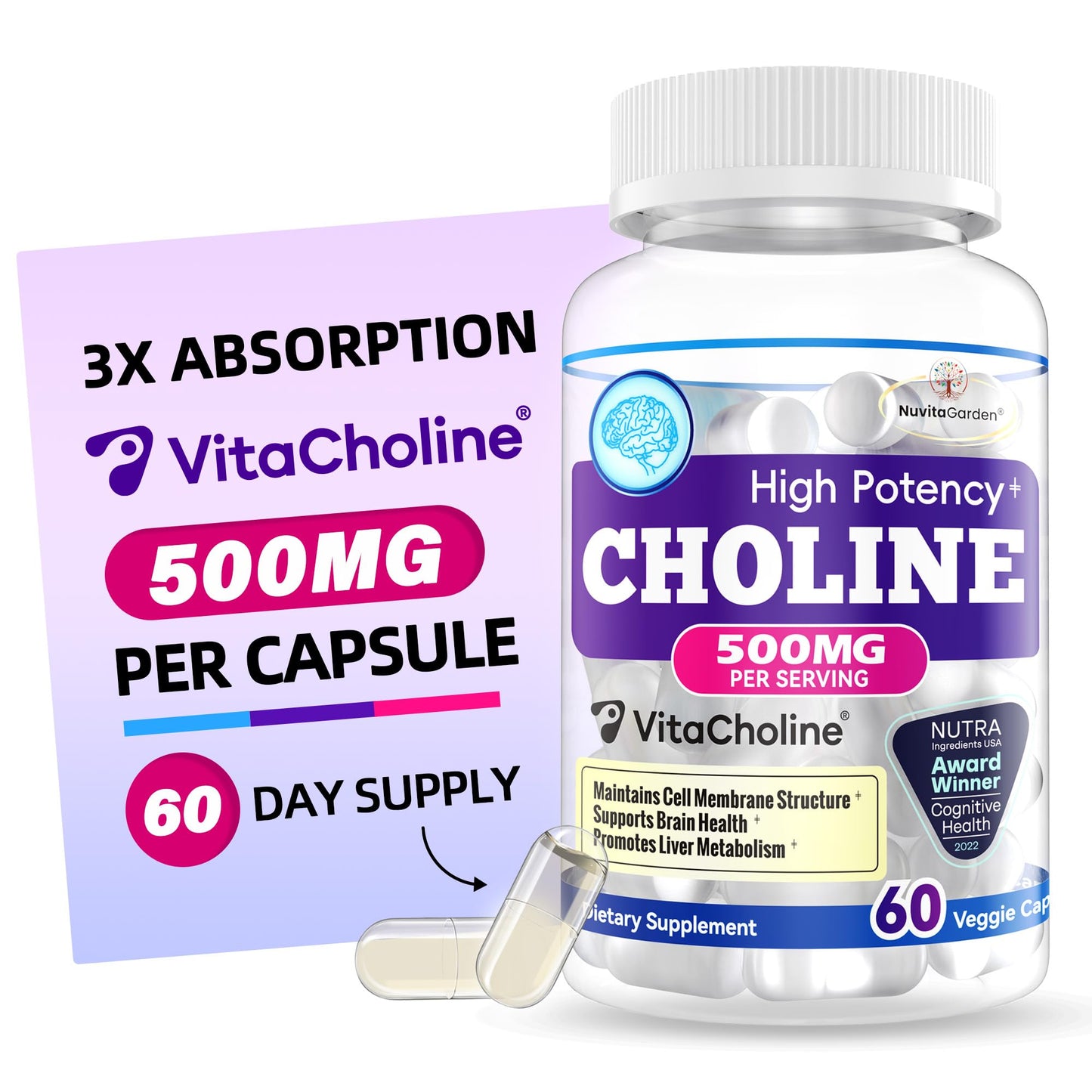 NuvitaGarden Choline 500 mg Capsules, 60 Count, Vegan, Brain Health, Mood Support, Muscle & Liver Support