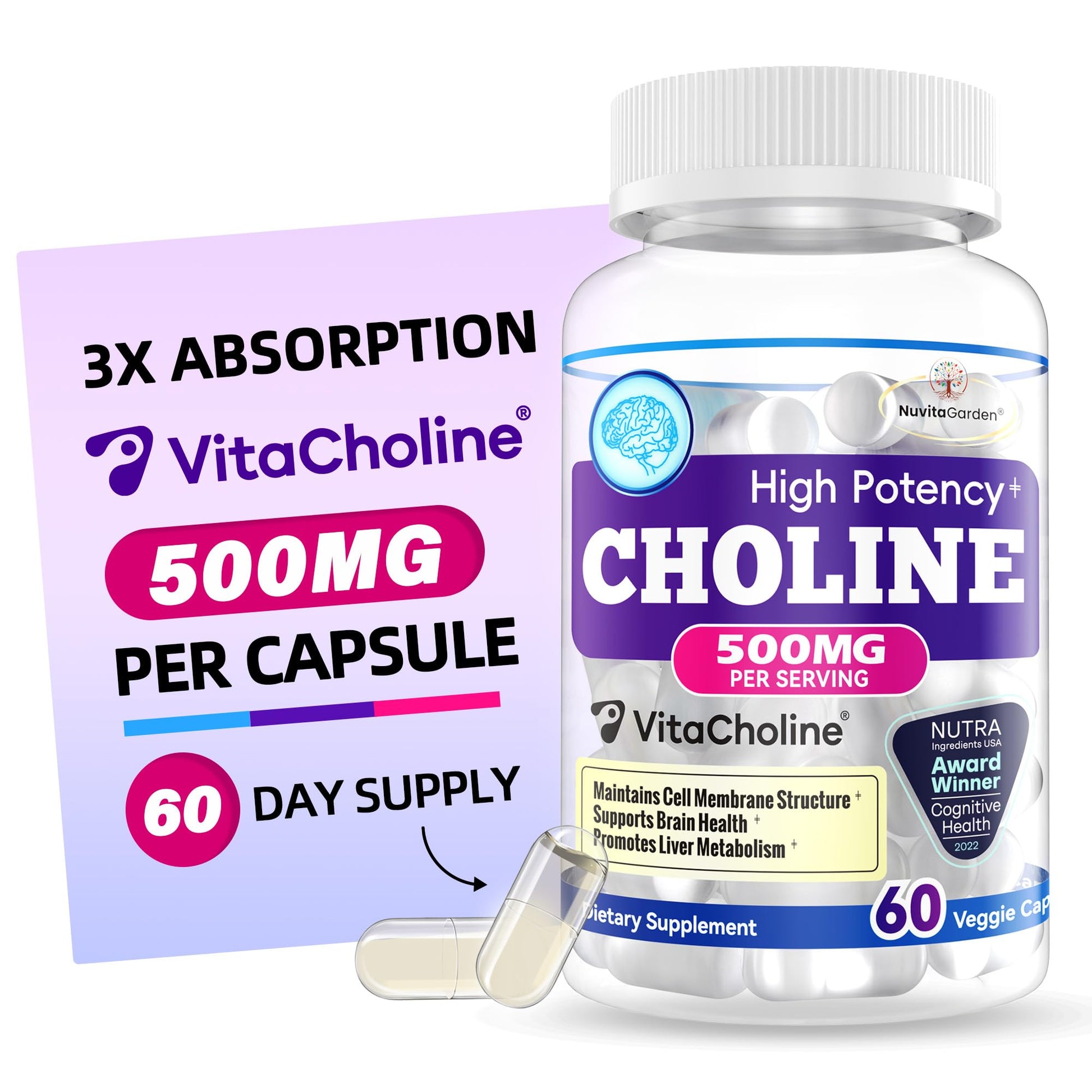 NuvitaGarden Choline 500 mg Capsules, 60 Count, Vegan, Brain Health, Mood Support, Muscle & Liver Support