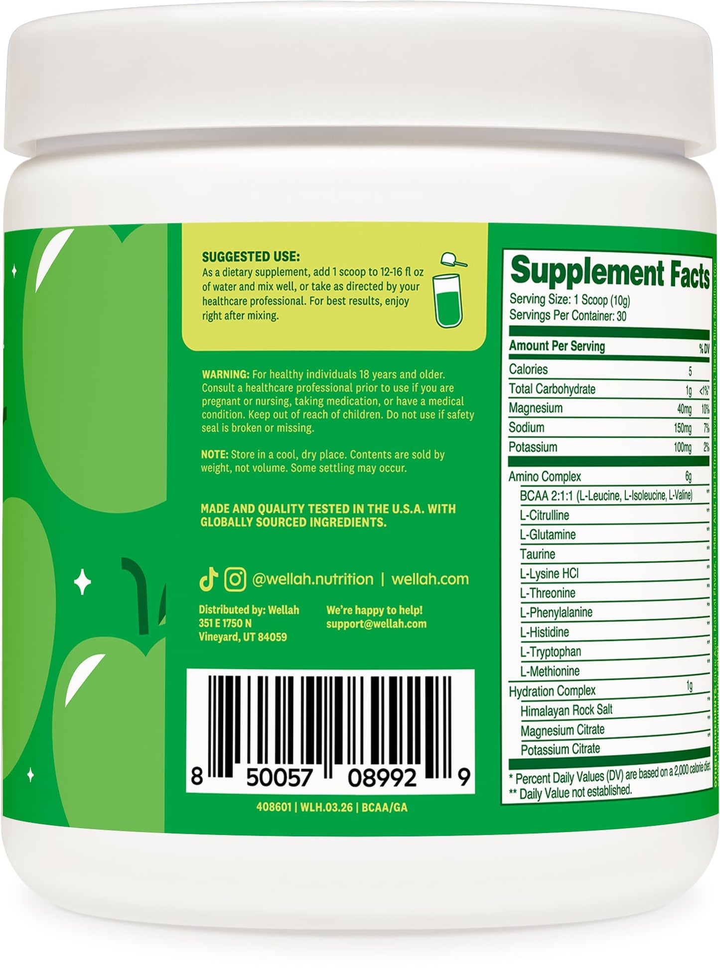 Wellah BCAAs (Green Apple Flavored) 30 Servings - BCAA Powder with Hydration Complex, 11 Ounce