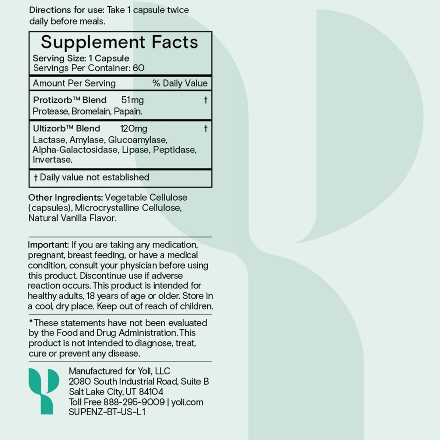 Yoli Enzyme Digestive Enzymes for Gut Health, Men and Women, Capsules, 60
