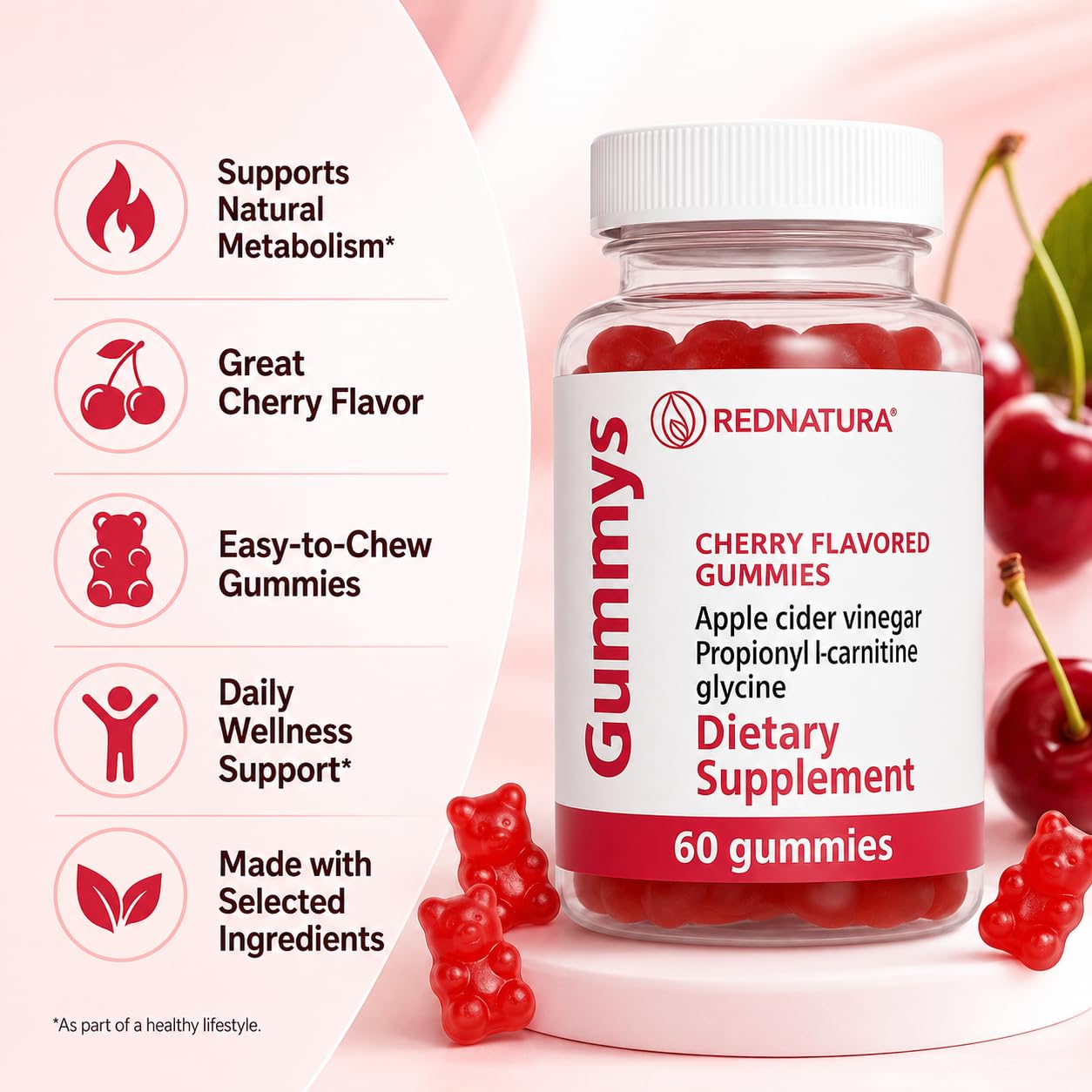 Red Natura Metabolism Support Supplement Gummies 60 Count