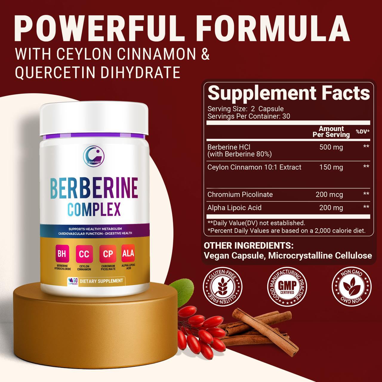 LEGRANO Berberine Supplement 500mg with Ceylon Cinnamon, ALA & Chromium – Berberine Complex for Glucose Metabolism & Heart Support – 60 Vegan Capsules
