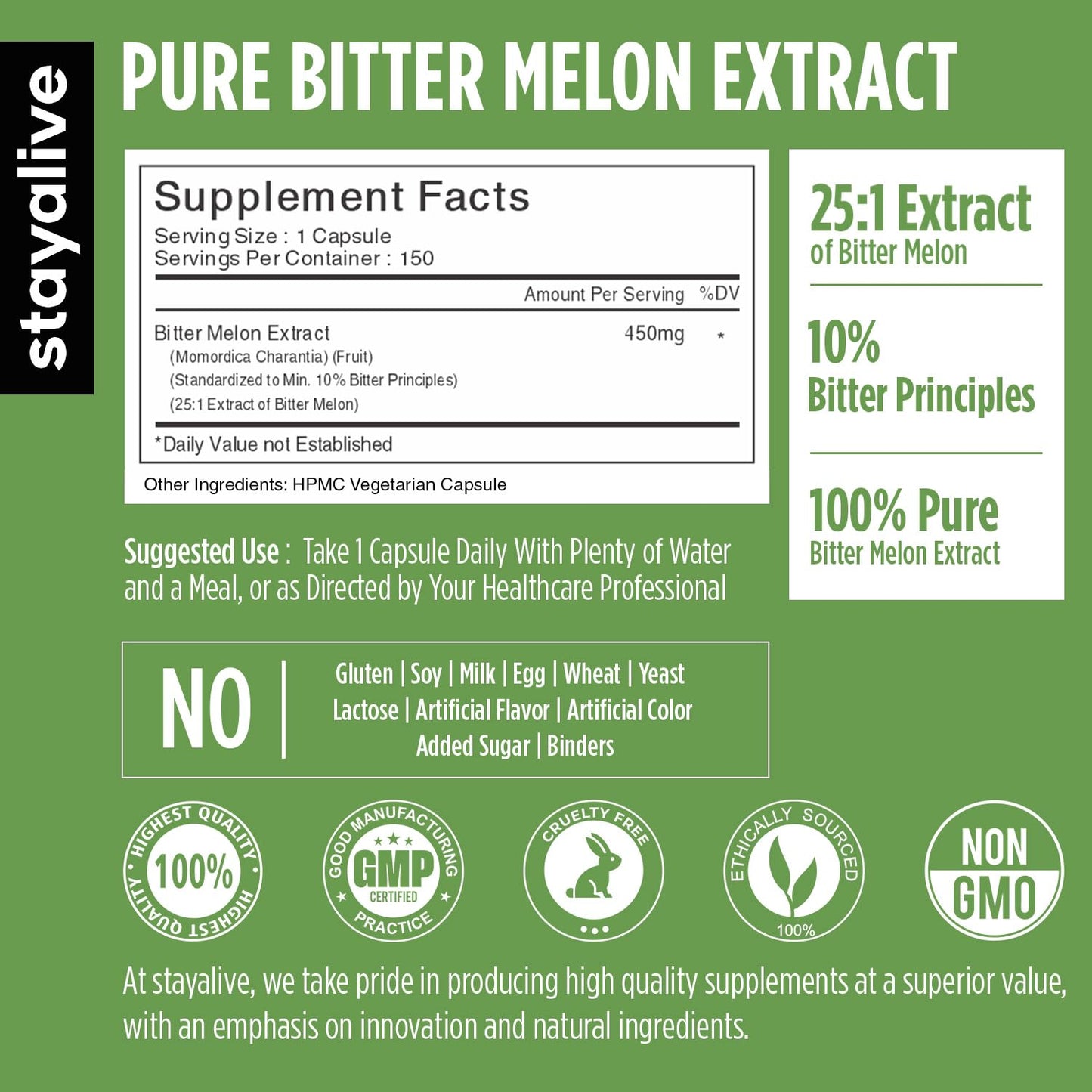 STAY ALIVE Extra Strength Bitter Melon Capsules, 150 Capsules