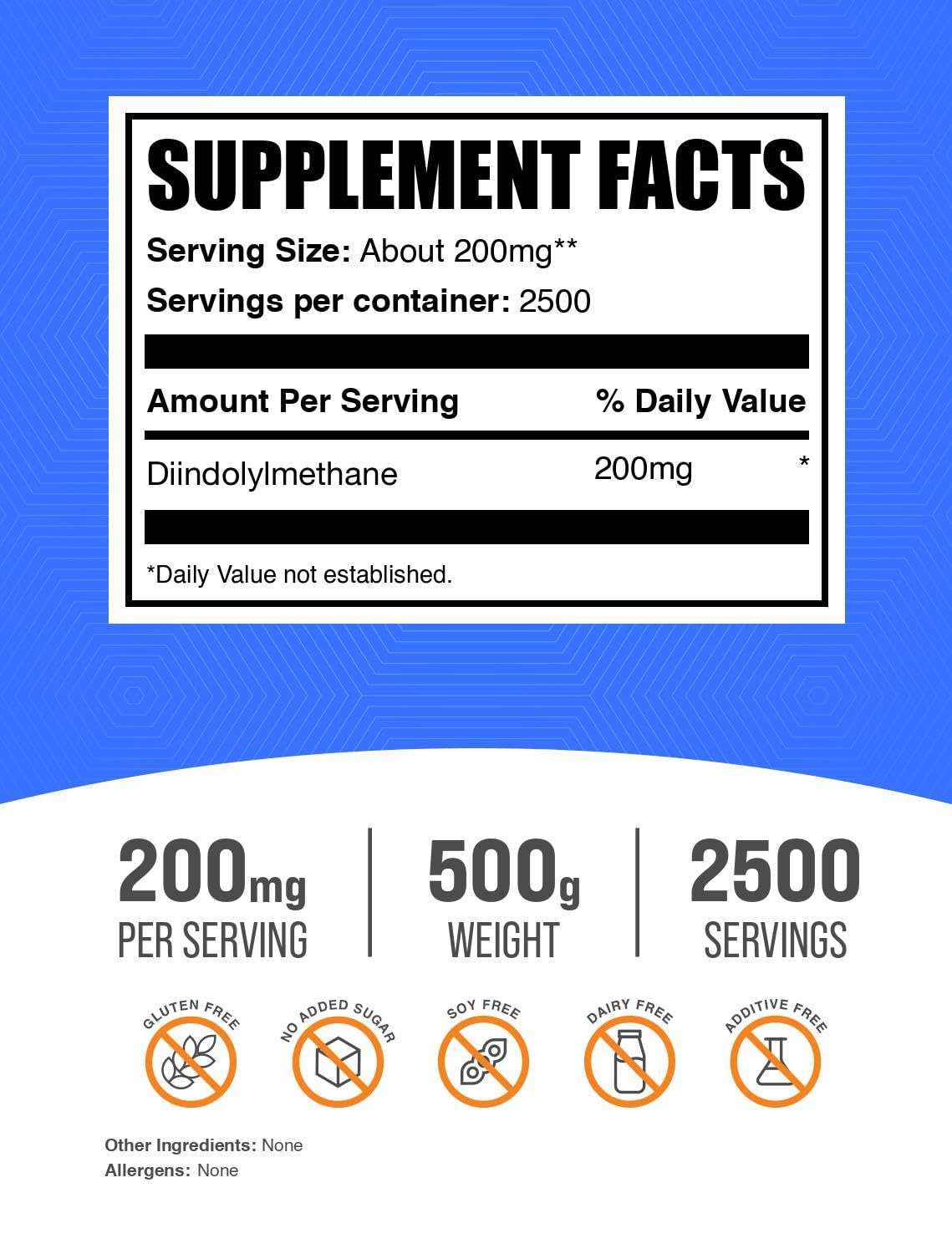 BulkSupplements DIM Powder - Diindolylmethane Powder, DIM Supplement for Men & Women - Unflavored & Gluten Free, 200mg per Serving, 500g (1.1 lbs), Pack of 1