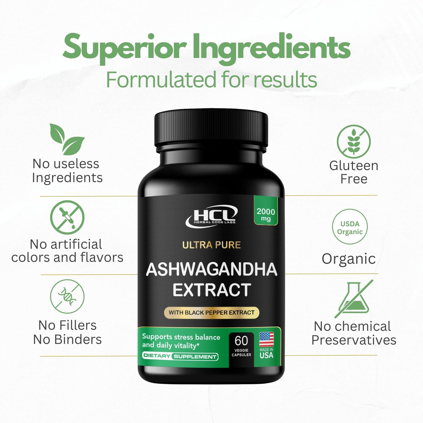 HCL Herbal Code Labs Spirulina Chlorella Ashwagandha Detox & Stress Support Capsules, 180 Count