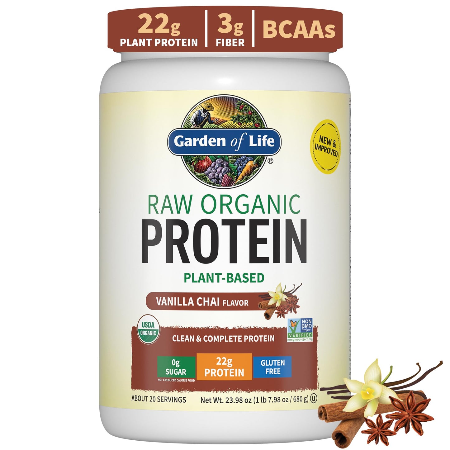 Garden of Life Organic Vegan Vanilla Chai & Chocolate 22g Protein Powder with BCAAs, Probiotics, 1.5 lb