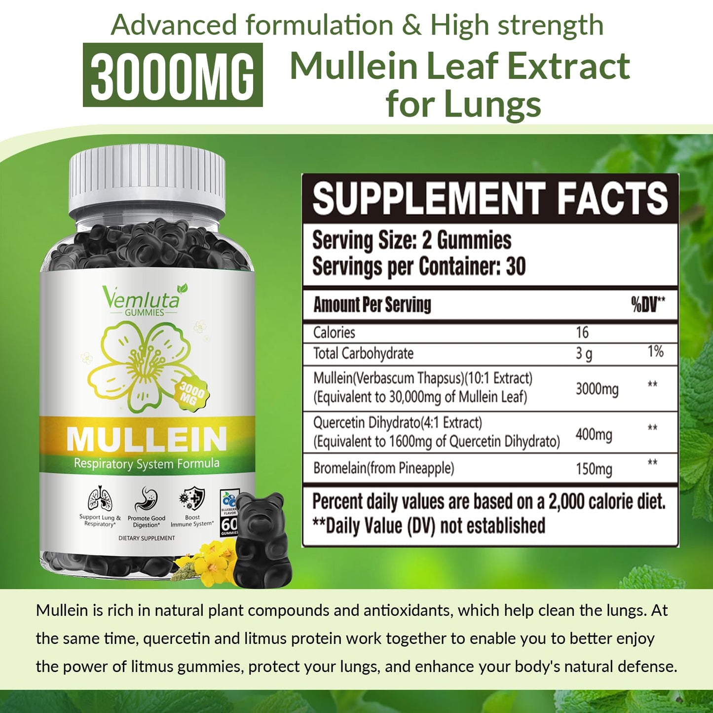 Vemluta Mullein Gummies for Lung Detox, 120 Gummies