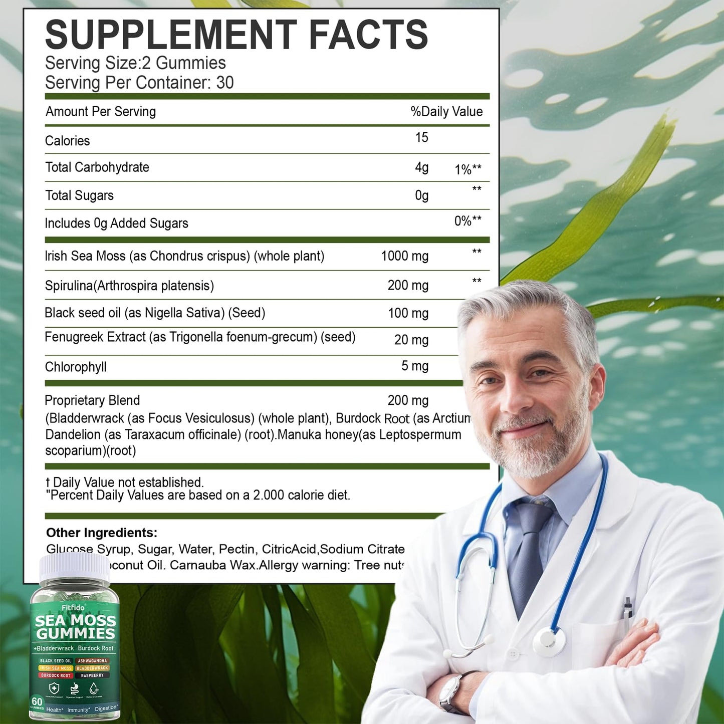 Fitfido Irish Sea Moss Gummies 60 Count with Bladderwrack, Burdock Root & Manuka Honey, 105+ Trace Minerals, Raspberry Flavor, Sugar Free, Vegan
