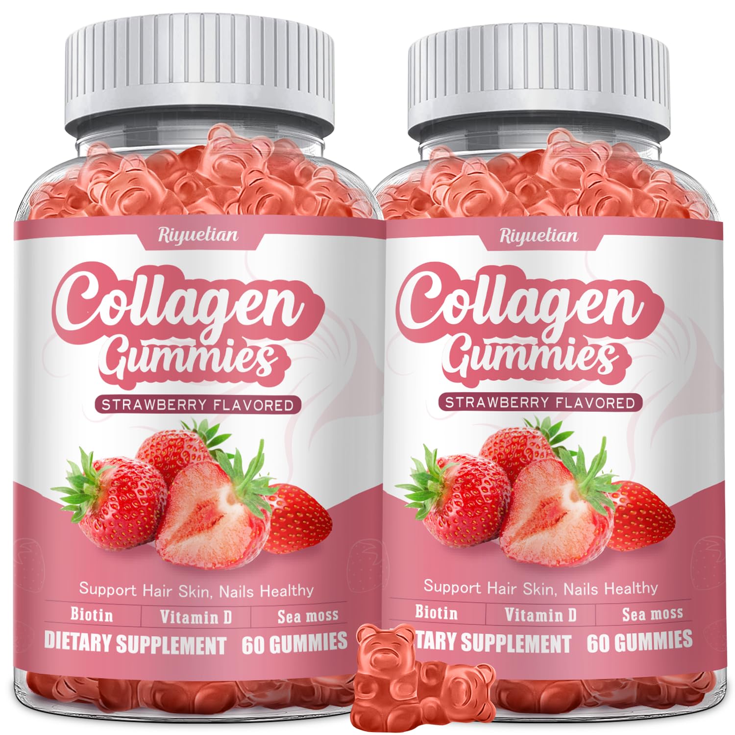 Riyuetian Gummy Collagen with Biotin - Hydrolyzed Collagen Peptides for Healthy Skin, Nails & Hair, Gluten Free & Non-GMO, 120 Gummies