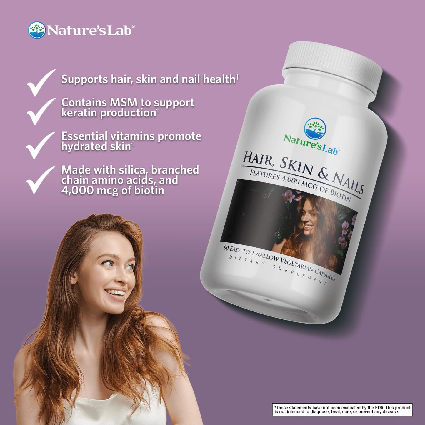 Nature's Lab Hair Skin and Nails Biotin BCAA MSM Vitamin Complex Capsule 90 Count