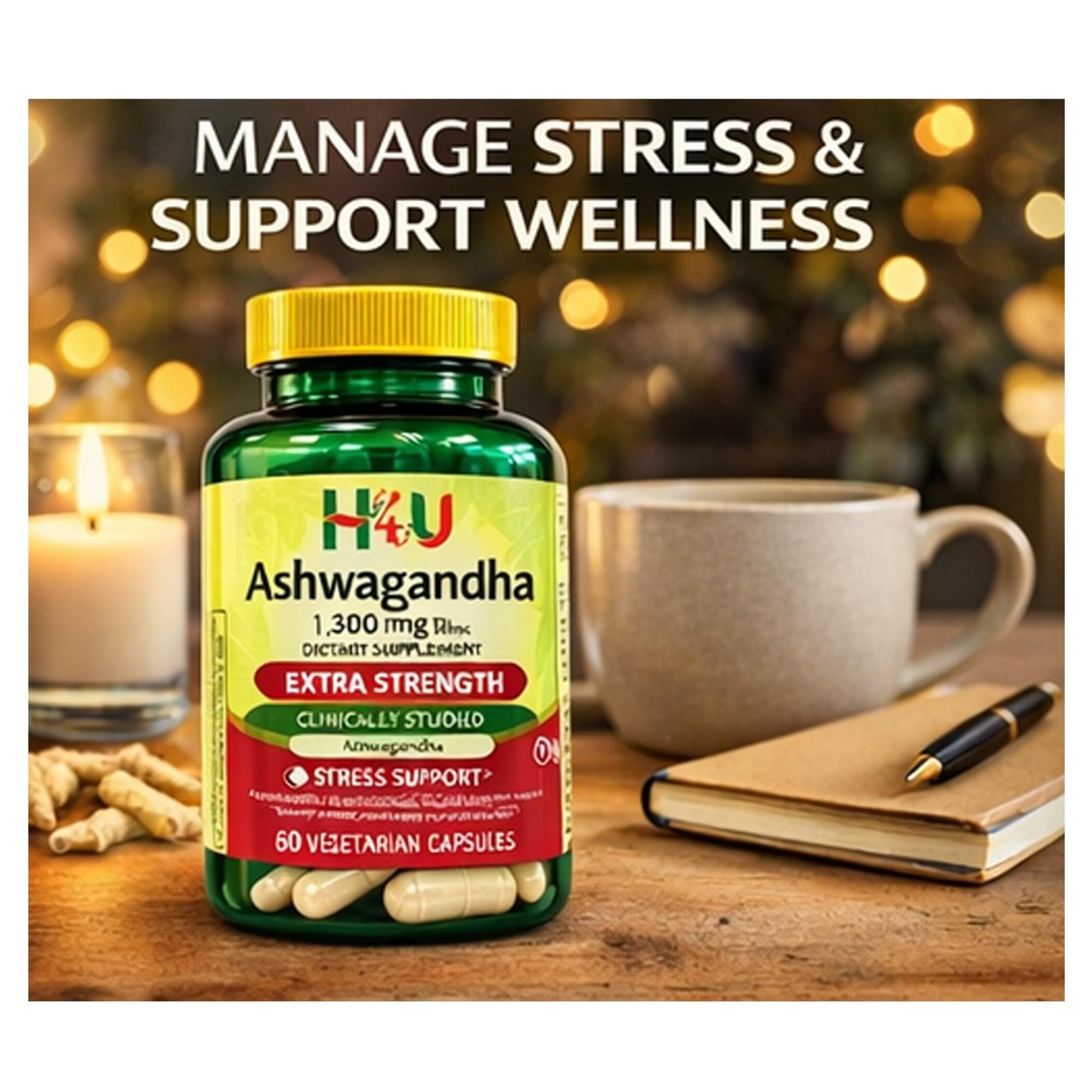 4 TOP CARE Ashwagandha Dietary Supplement 1300 mg Capsules, 60 Count