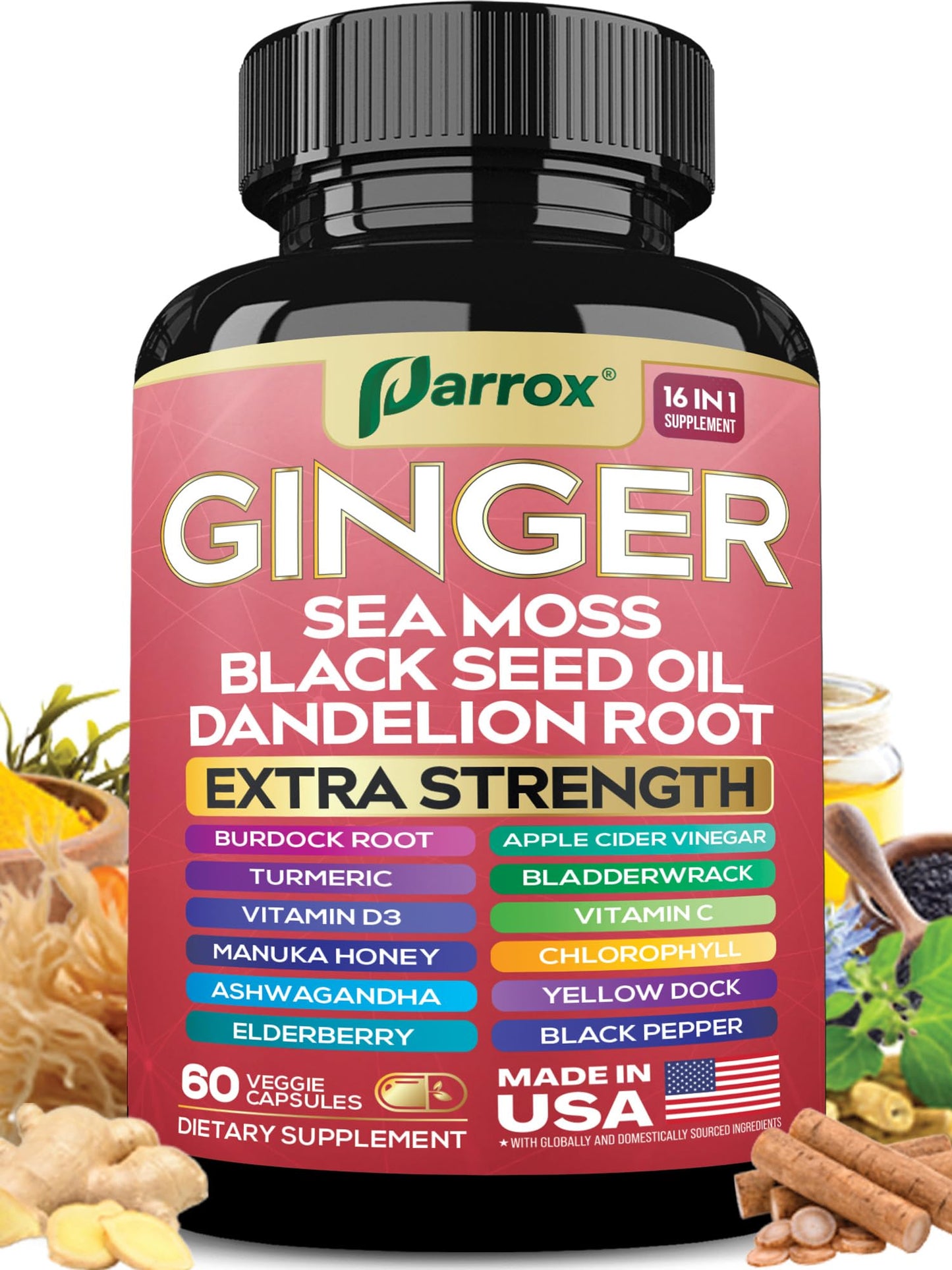 Parrox Ginger Sea Moss Herbal Supplement, 16-in-1 Black Seed Oil & ACV Capsules, 60 Capsules
