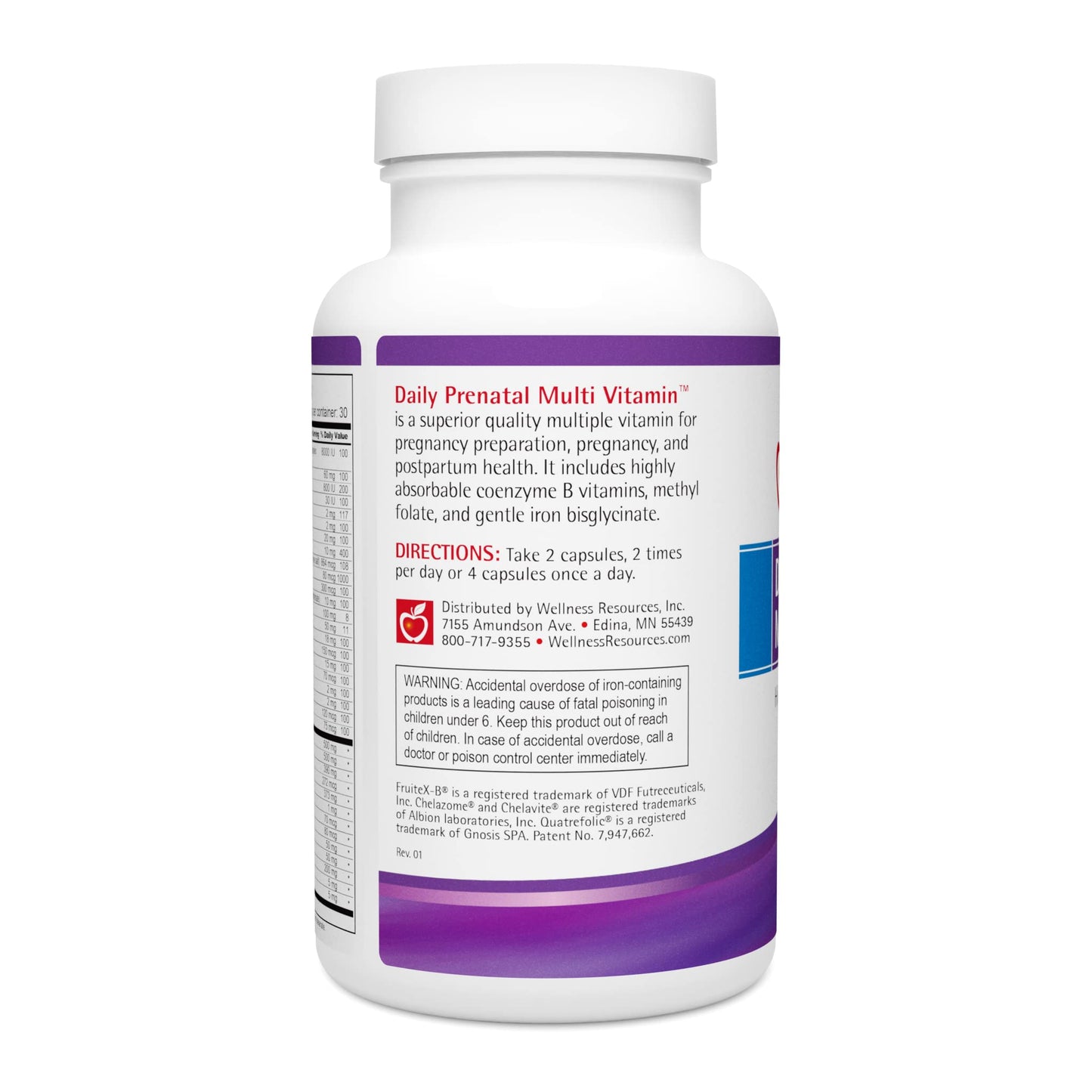 Wellness Resources Daily Prenatal Multivitamin with Methylated Folate, Zinc, Iron Bisglycinate, Choline & Key Nutrients, Capsules, 120 Count