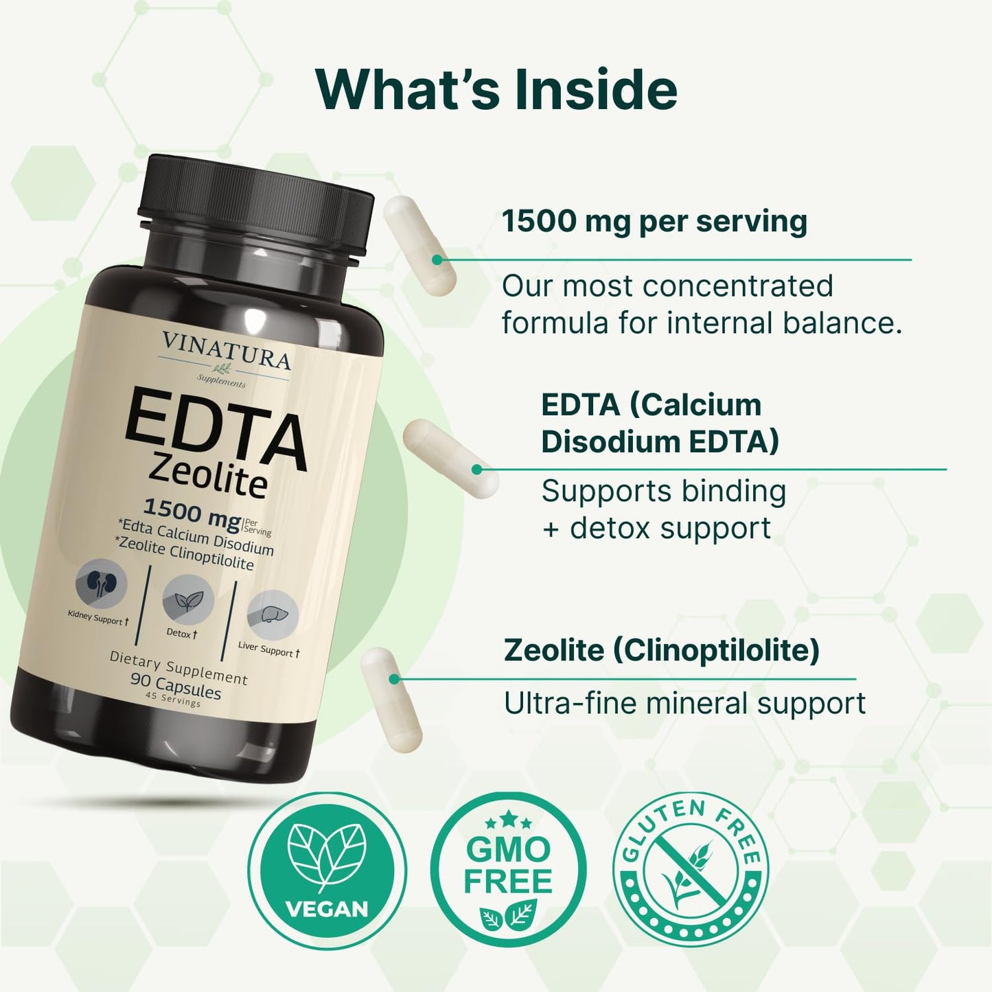 VINATURA EDTA Capsules 1500mg per Serving, Liver Support with Calcium Disodium EDTA & Kale Extract, 90 Capsules