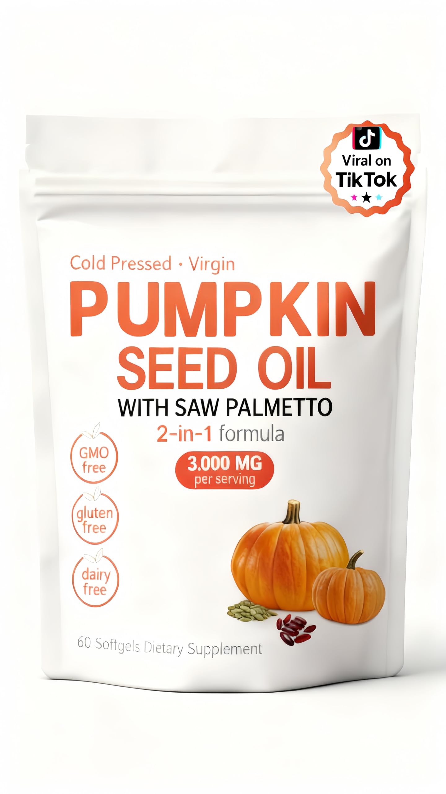 KITABIO Pumpkin Seed Oil with Saw Palmetto Softgels, 60 Softgels, 3000mg Cold-Pressed Blend for Hair Growth, Non-GMO