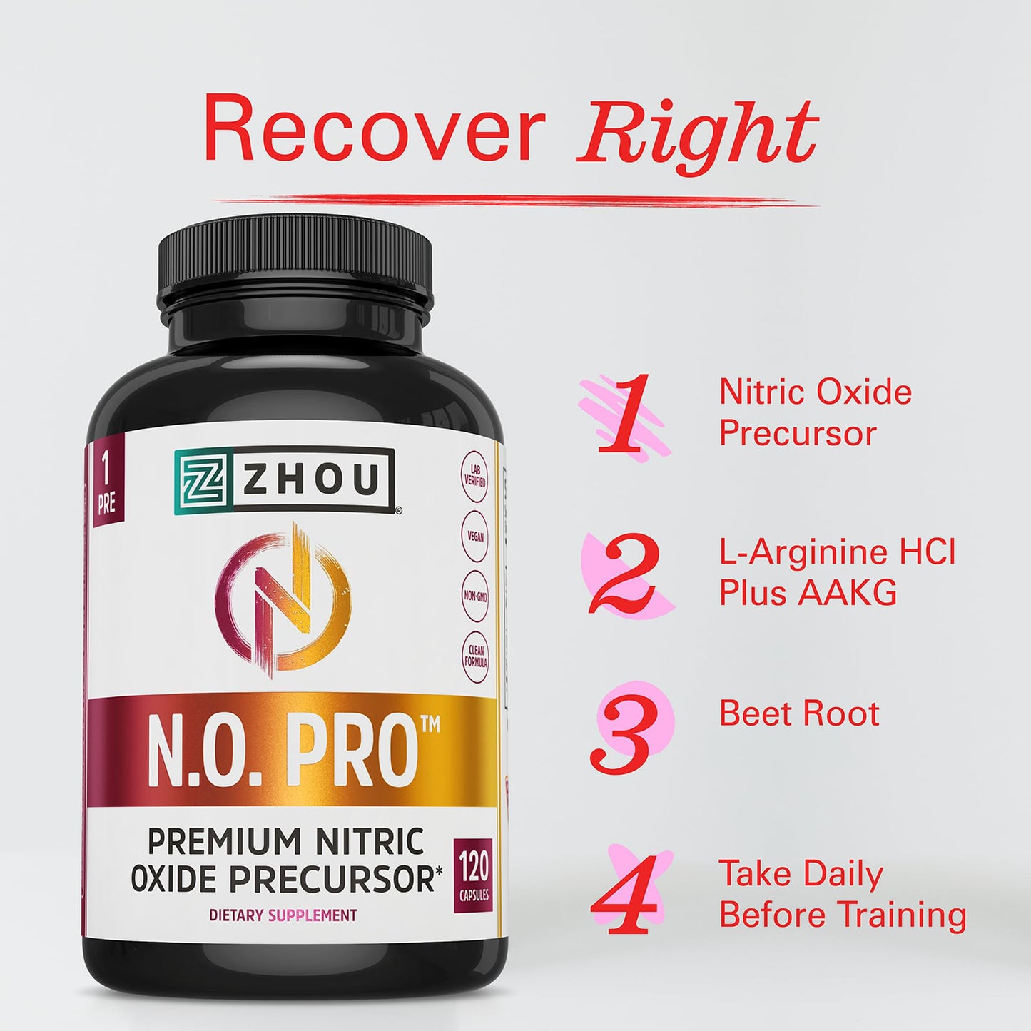 ZHOU N.O. Pro Premium Nitric Oxide Supplement for Men & Women, Heart, Muscle & Blood Support with Beet Root & L Arginine, Natural Nitric Oxide Booster, 120 Capsules