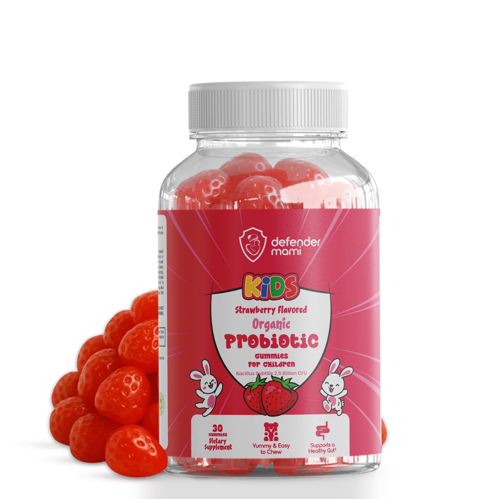 Defender Mami Kids Organic Probiotic Gummies 2.5 Billion CFU – Strawberry Flavor – Digestive & Immune Support for Children – Vegan, Non-GMO – 30 Gummies