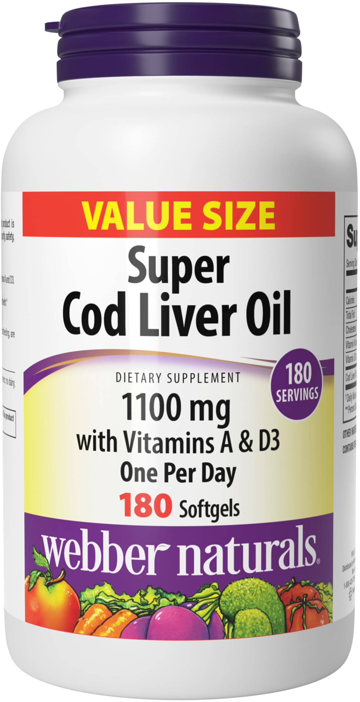 Webber Naturals Cod Liver Oil Softgels 1100 mg, Vitamins A & D, 180 Count