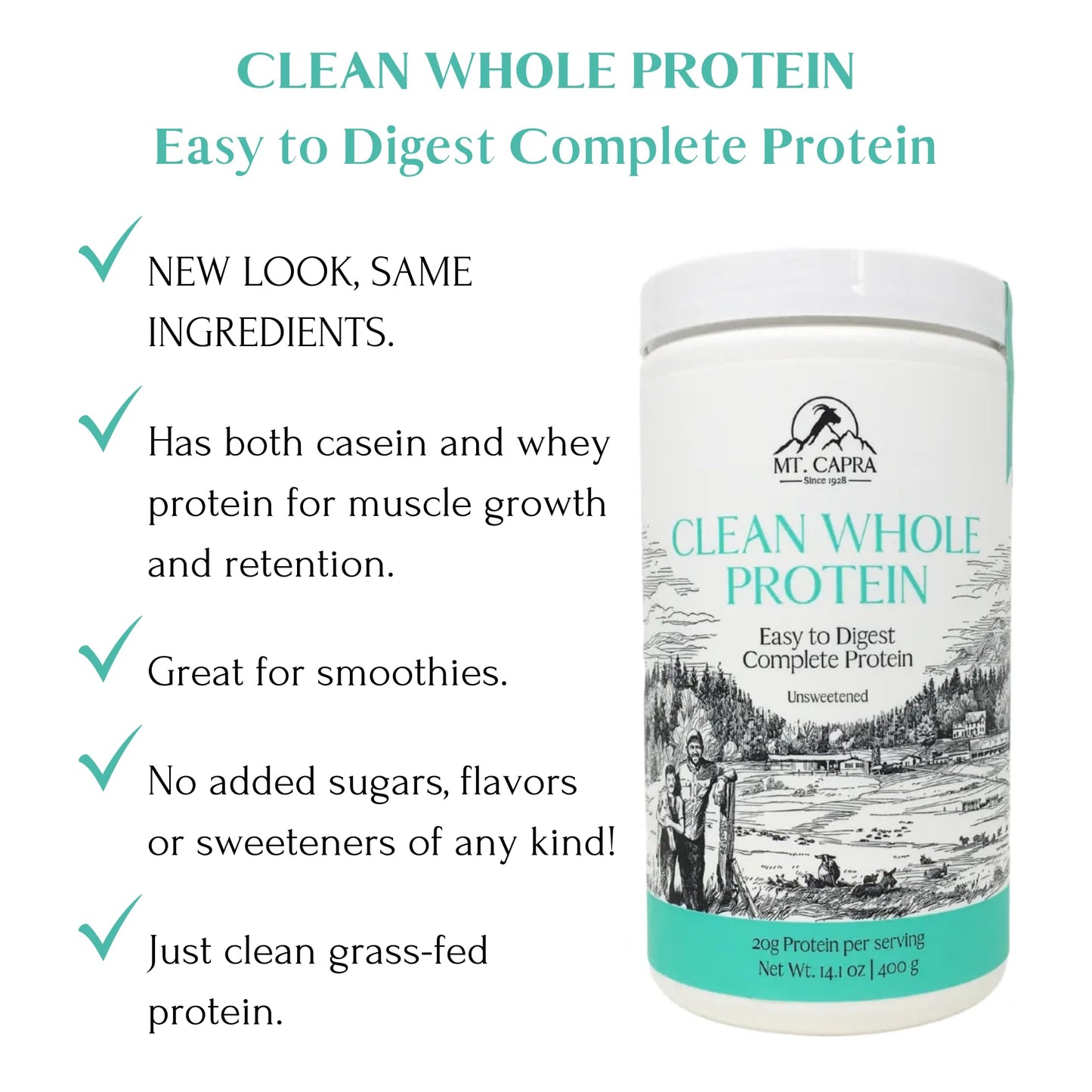 Mt. Capra Clean Whole Protein - Grass-Fed Goat Protein with Whey and Casein - Protein Powder, 14.11 oz