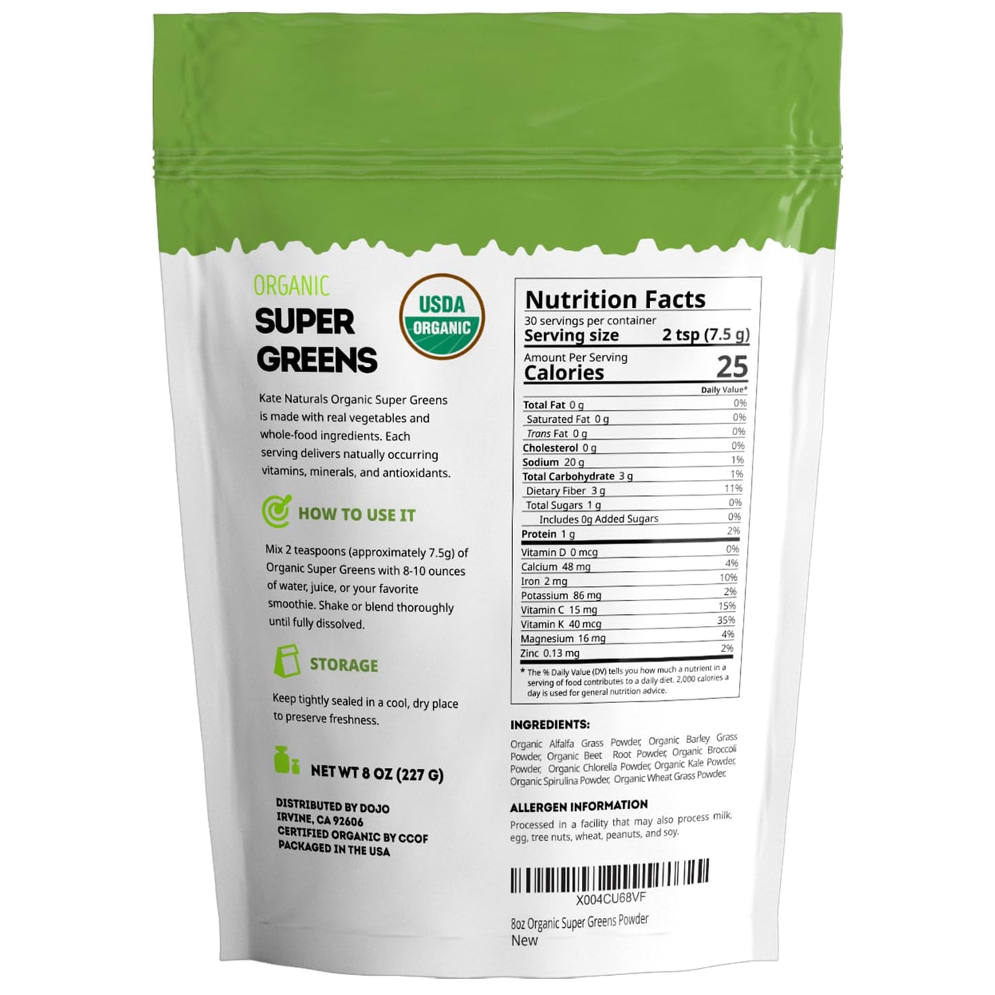 Kate Naturals Organic Super Greens Powder, 8 oz