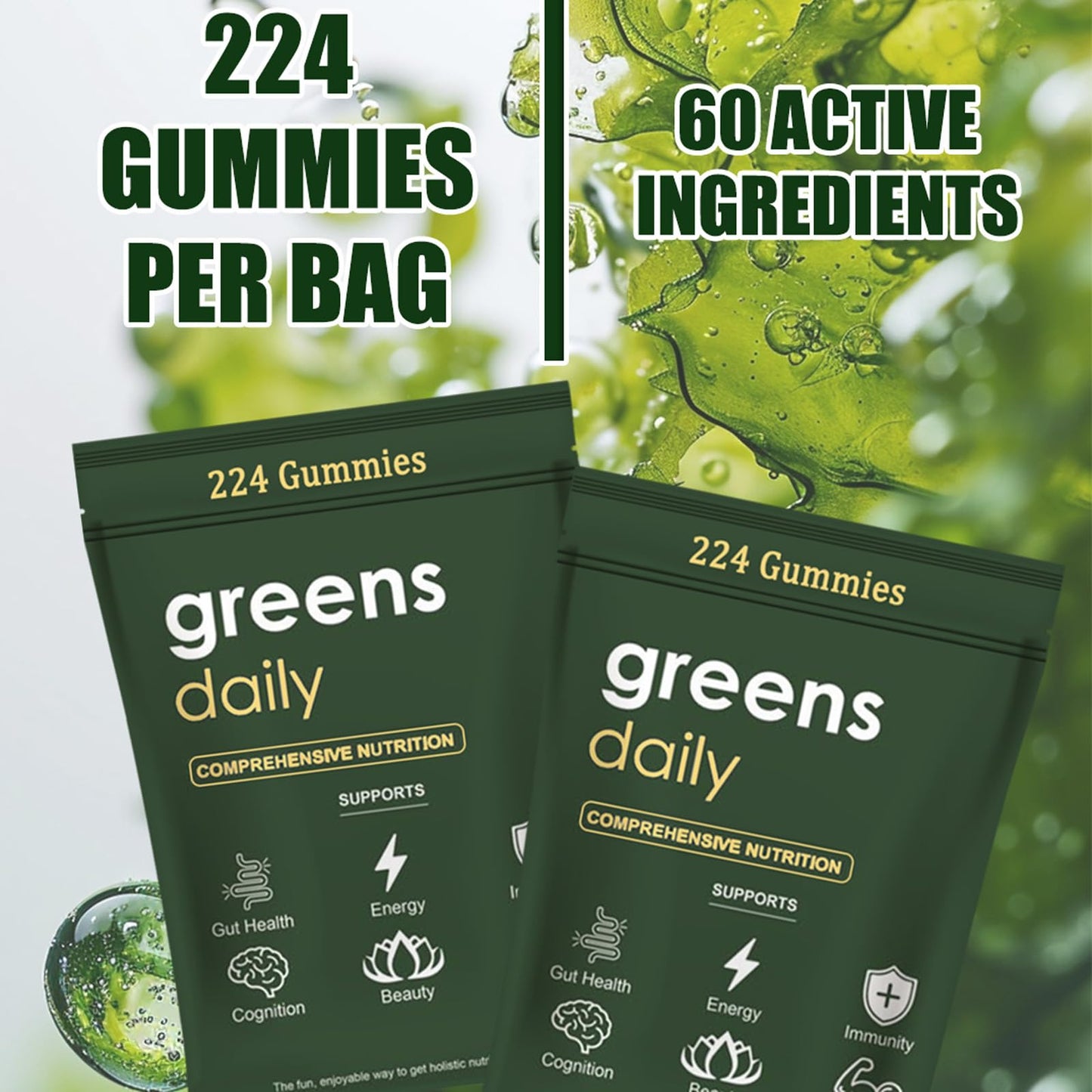Oviaapo Greens Gummies - Organic Chlorella & Spirulina for Digestive & Gut Health, 224 Gummies