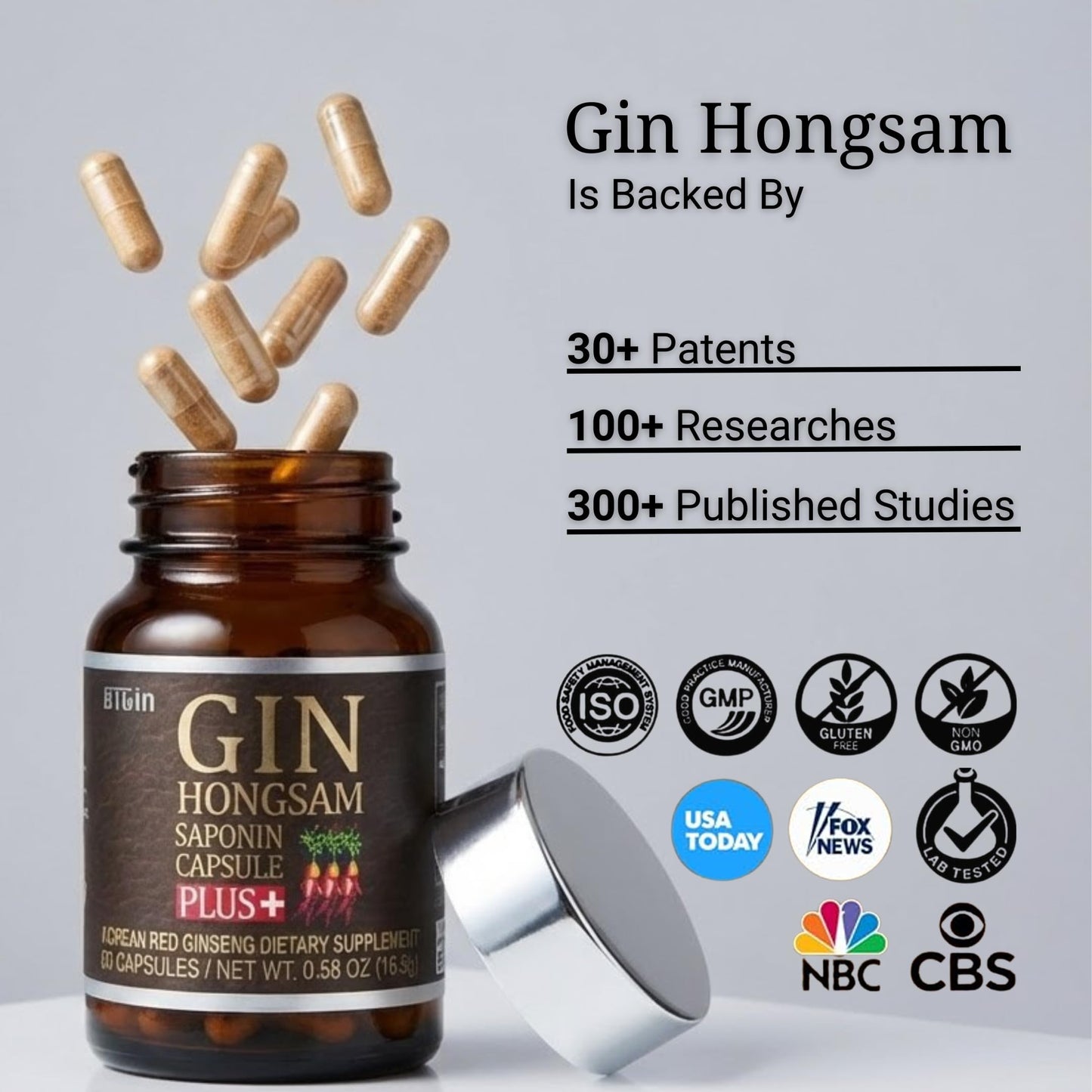 BTGIN Gin Hongsam Saponin Capsule Plus Korean Red Panax Ginseng Extract - High Rg3 & Compound K Supplement - Caffeine Free Extra Strength Energy, Focus & Immune Support - 60 Capsules