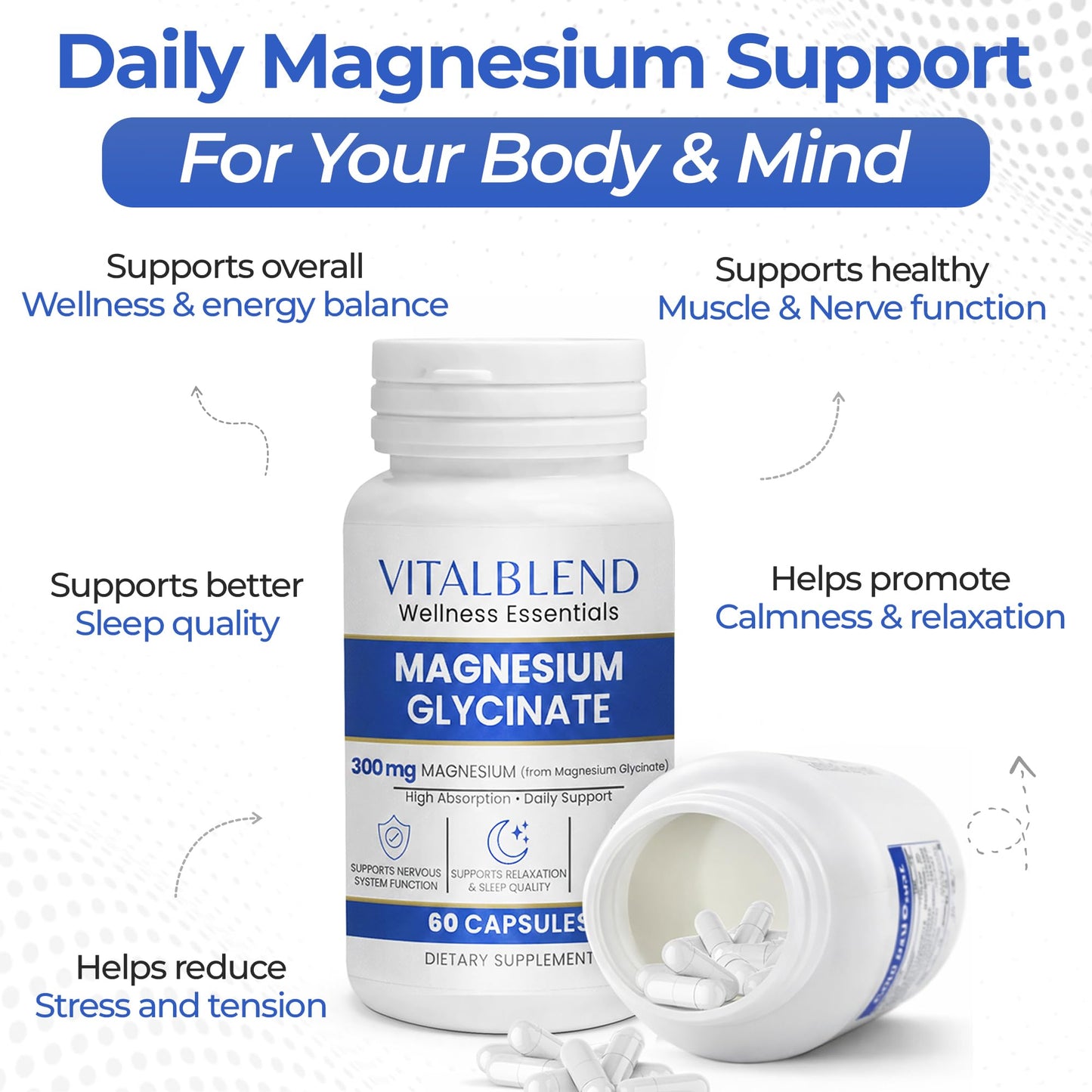 Vitalblend Magnesium Glycinate Capsules 300 mg – Chelated Magnesium Supplement for Relaxation, Sleep & Muscle Support – High Absorption Formula – Gentle on Stomach, 60 Capsules