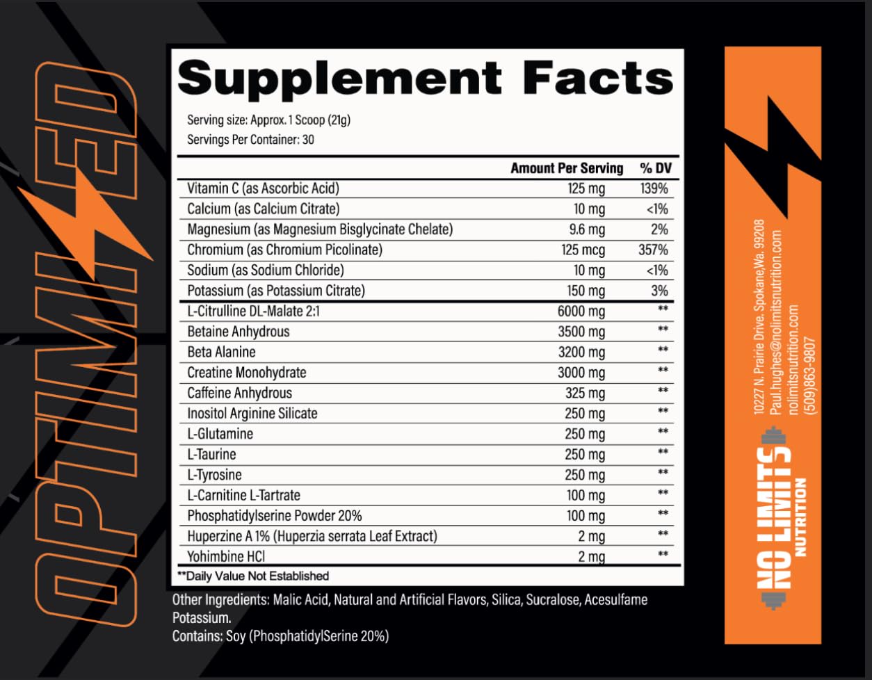 No Limits Nutrition Optimized Blue Razz Pre-Workout, Powder, 537 Servings
