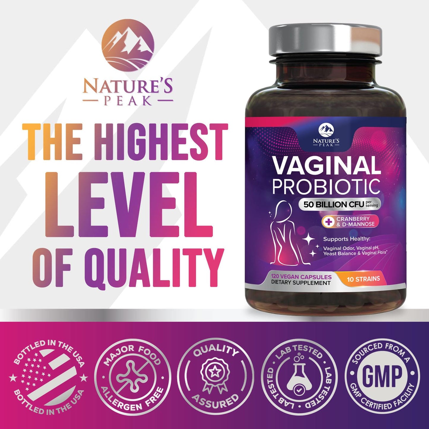 Nature's Peak Vaginal Probiotics for Women pH Balance with Prebiotics, 50 Billion CFU, 10 Strains, Cranberry & D-Mannose, Capsules, 120 Capsules