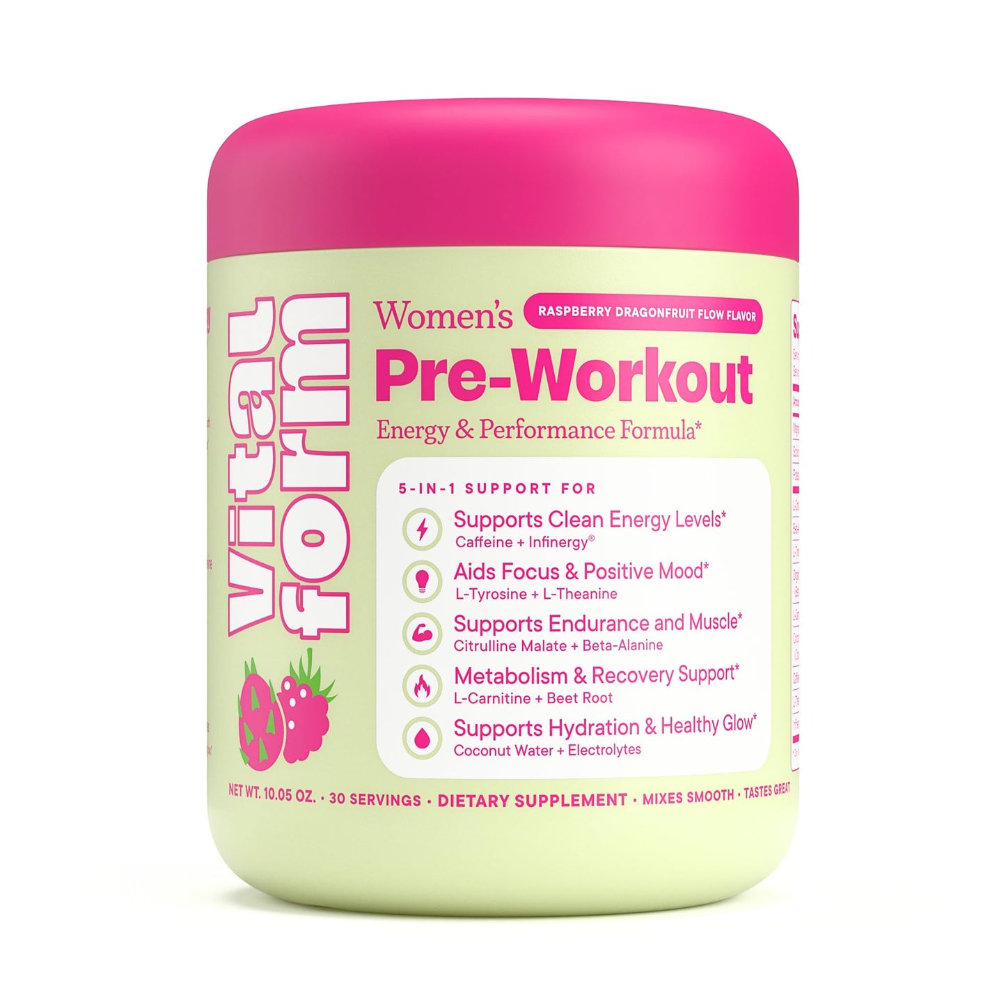 VitalForm Women's Pre Workout Powder - Clean Energy, Focus, & Endurance Supplement - 190mg Caffeine, L-Citrulline, Beta Alanine, L-Theanine - Sugar Free & Vegan - Raspberry Dragonfruit 10.05 Ounce