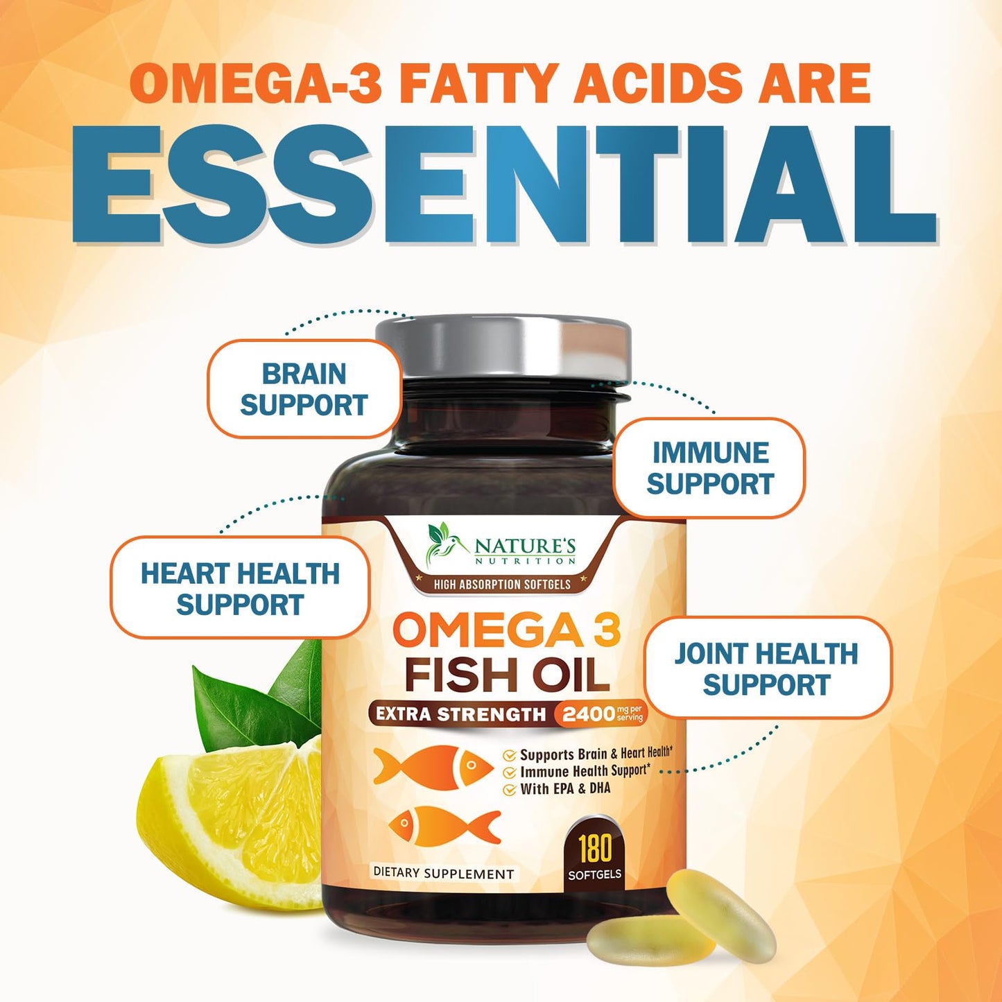 Nature's Nutrition Omega-3 Fish Oil Softgels 180 Count