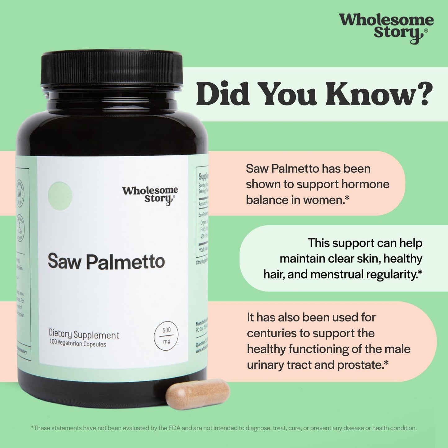 Wholesome Story Saw Palmetto Extract & Powder Blend 500mg Capsule 100 Count