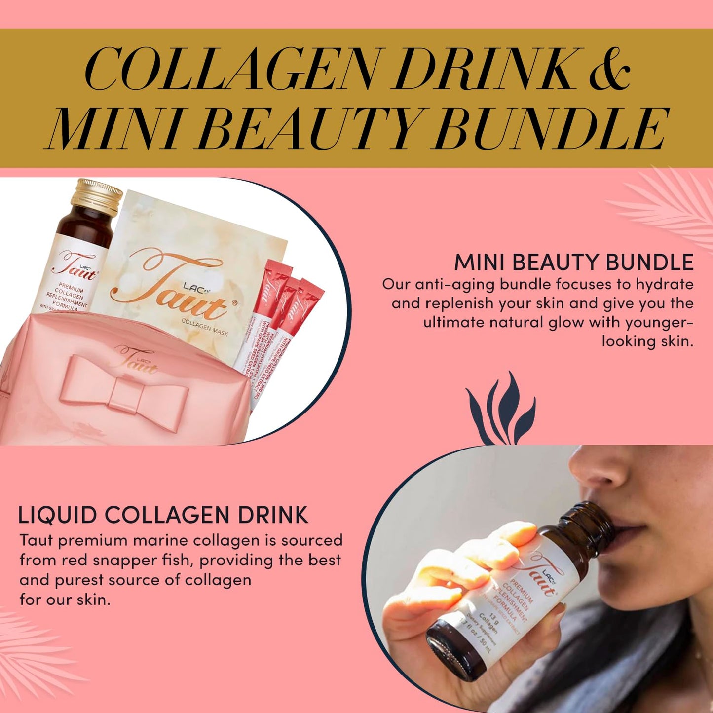 TAUT Marine Collagen Drink 13,000mg Anti-Aging Formula with Collagen Face Mask and 3 Powder Sachets, 1 Bundle