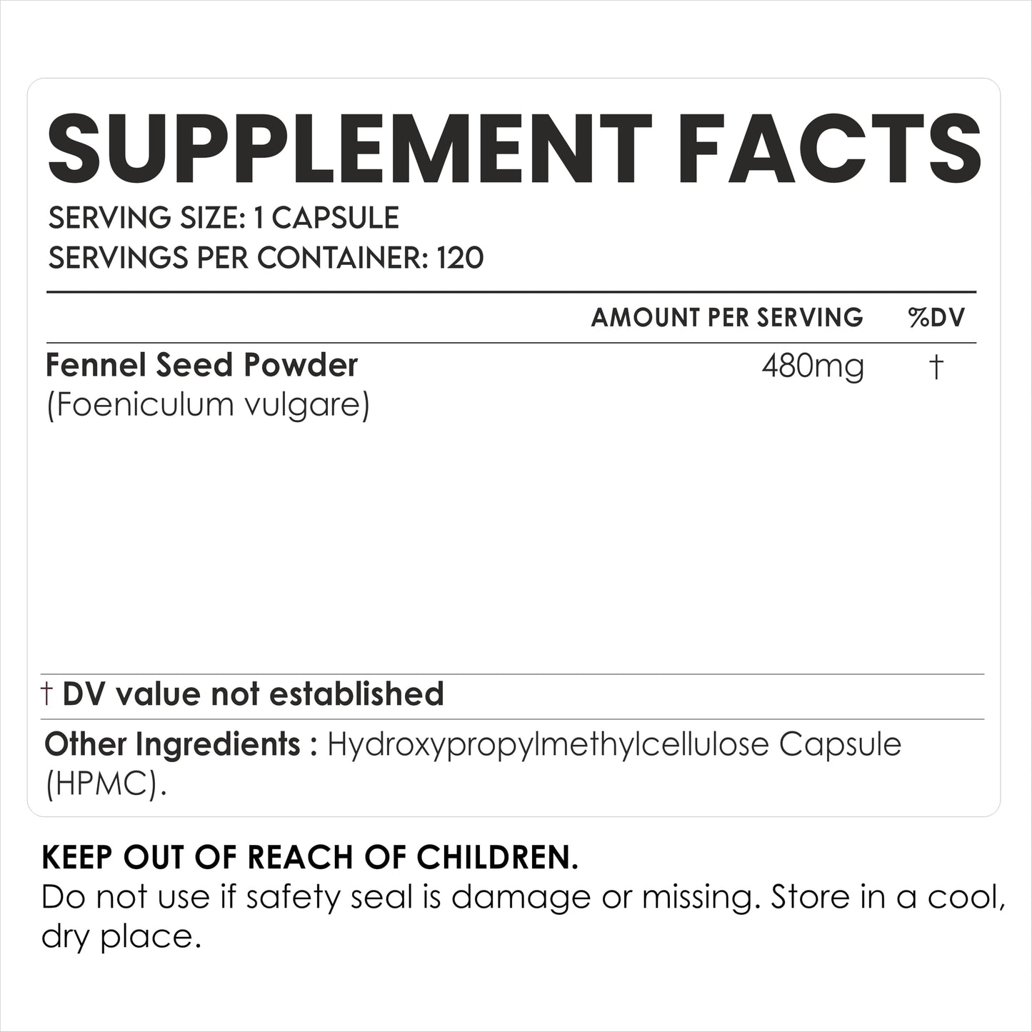 AMALTH Fennel Seed Capsules 480 mg Foeniculum Vulgare Supplement, 120 Veg Capsules