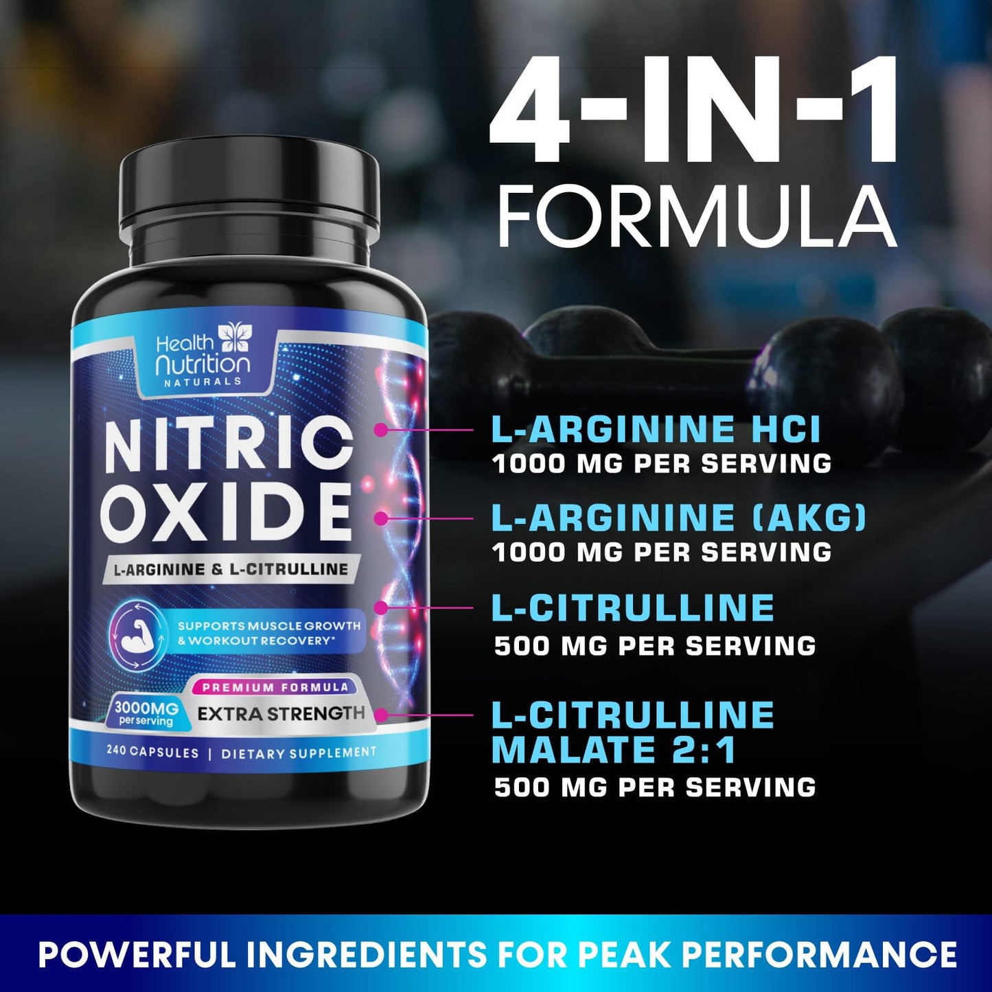 Health Nutrition Naturals Extra Strength Nitric Oxide Booster - 3X Strength L-Arginine AKG & Citrulline Malate - Men & Women Premium Pre Workout Nitric Booster - Natural Energy & Muscle Support, Bottled in USA 240 Capsules