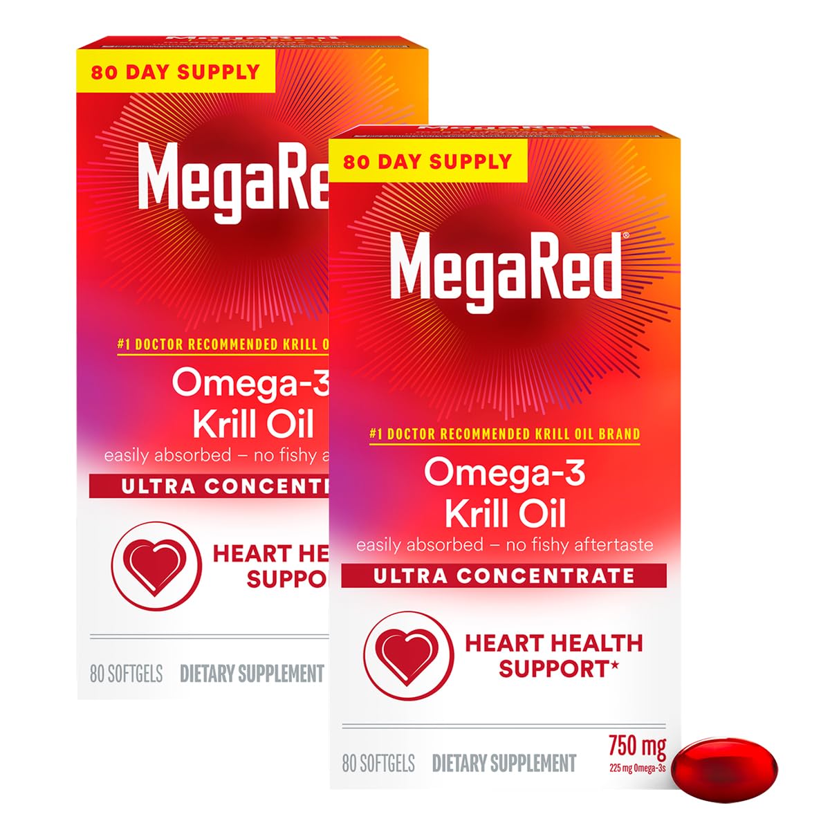 MegaRed Ultra Concentrate 750mg Omega-3 Krill Oil Fatty Acid Supplement with EPA/DHA, Astaxanthin, No Fish Oil Aftertaste, 160 Softgels