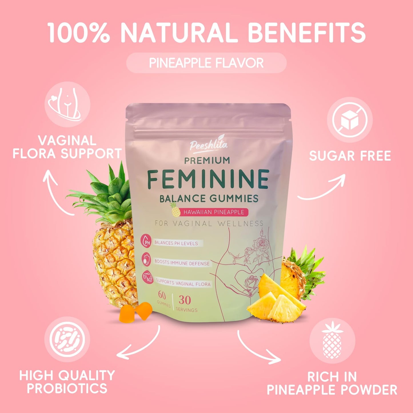 peeshlita Women's Probiotic Gummies with Prebiotics, 5 Billion CFU per Serving, 60 Count