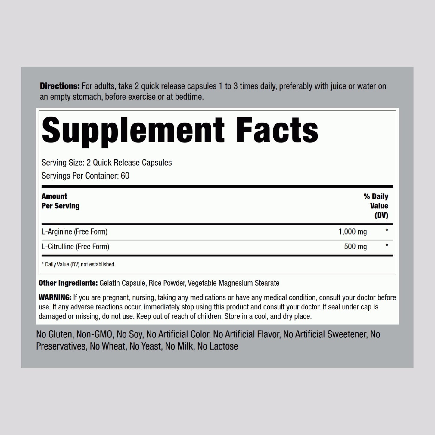 Piping Rock L-Arginine L-Citrulline Supplement 1500 mg Capsules 120 Count