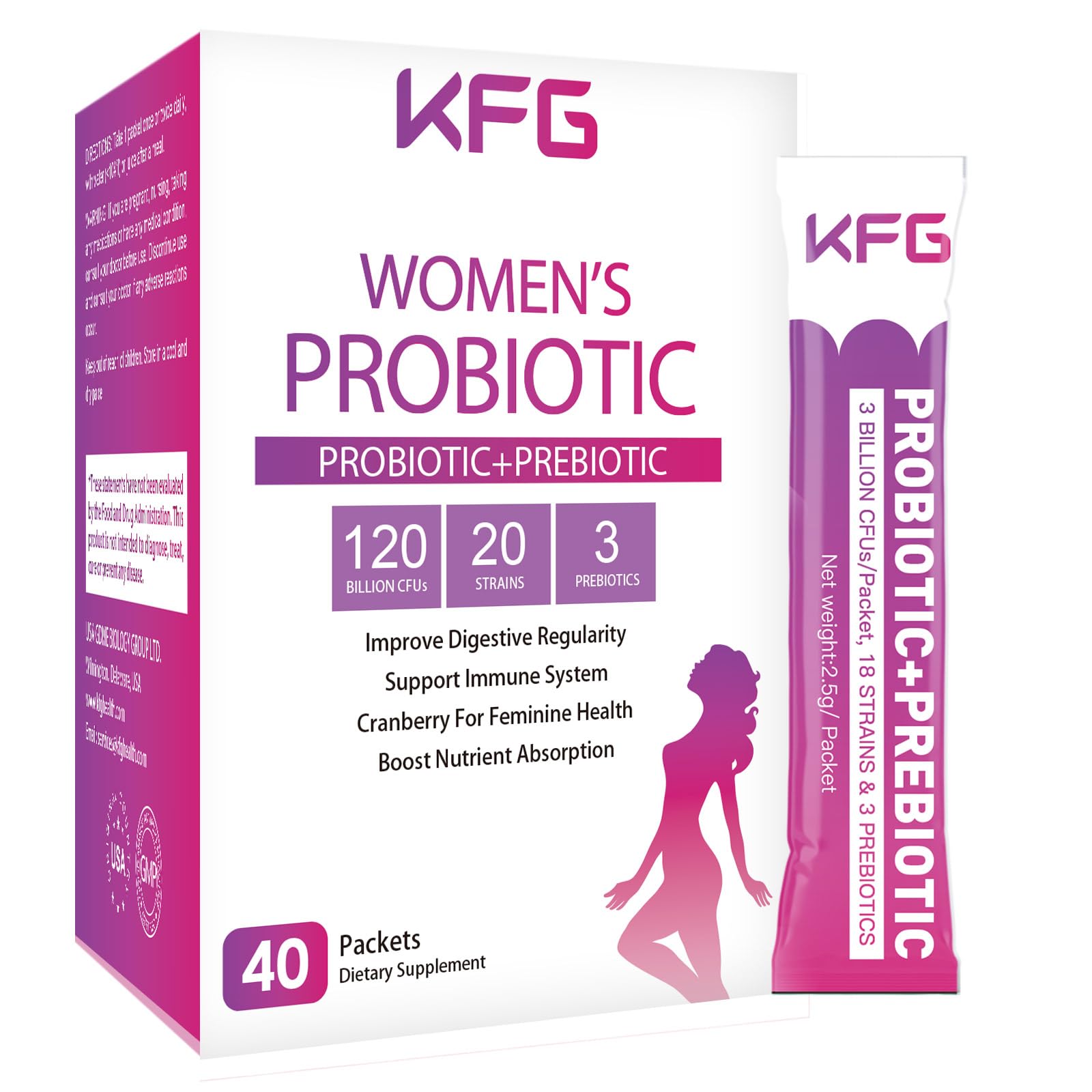 KFG Women's Probiotic Powder 100 Billion CFUs, 20 Strains, 3 Organic Prebiotics, Cranberry, Digestive Enzymes & D-Mannose, for Immune, Digestive, Gut, Vaginal & Urinary Health, 40 Packets