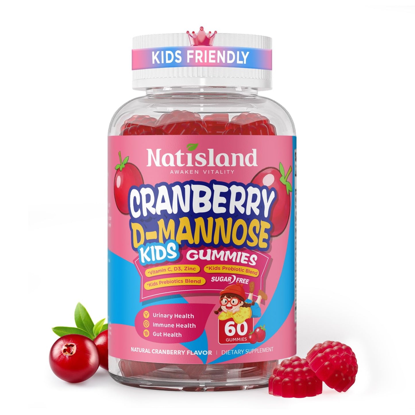 NATISLAND Cranberry & D-Mannose Gummies for Kids 4+ 60 Count